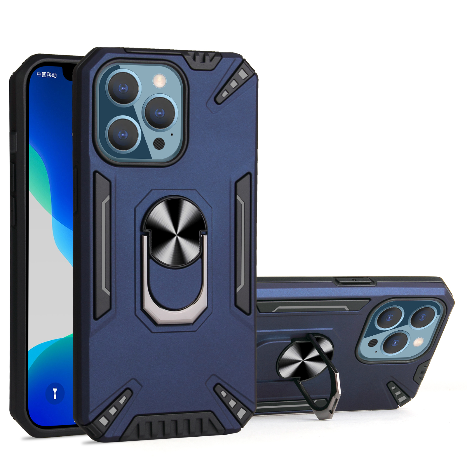 

One-Hand Operation Kickstand Design Lightweight Hybrid Phone Case Cover Shell with Built-In Metal Sheet for iPhone 13 Pro 6.1 inch - Blue, iPhone 13 Pro