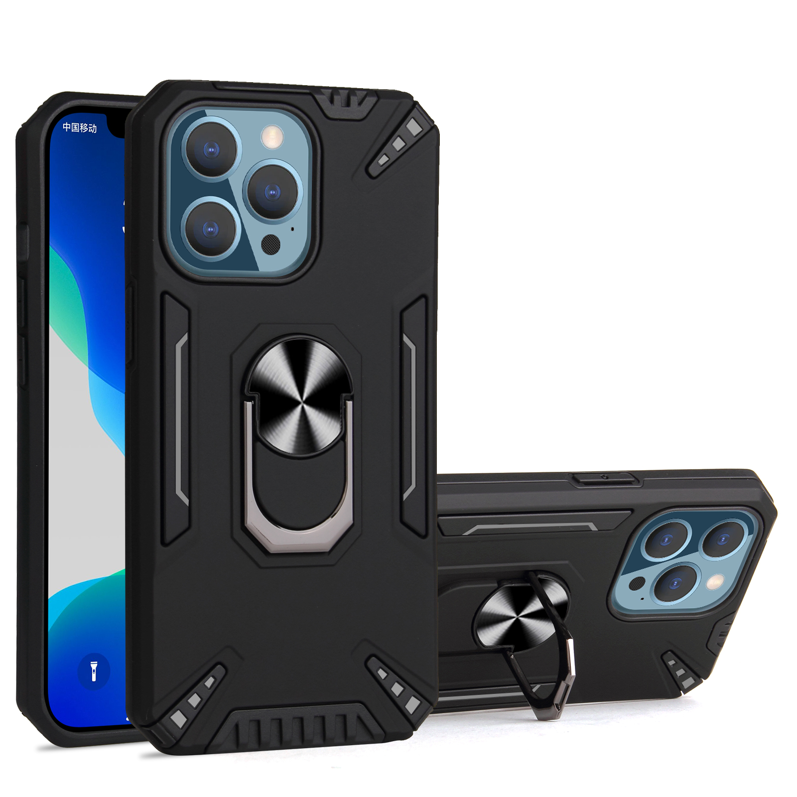 

One-Hand Operation Kickstand Design Lightweight Hybrid Phone Case Cover Shell with Built-In Metal Sheet for iPhone 13 Pro 6.1 inch - Black, iPhone 13 Pro