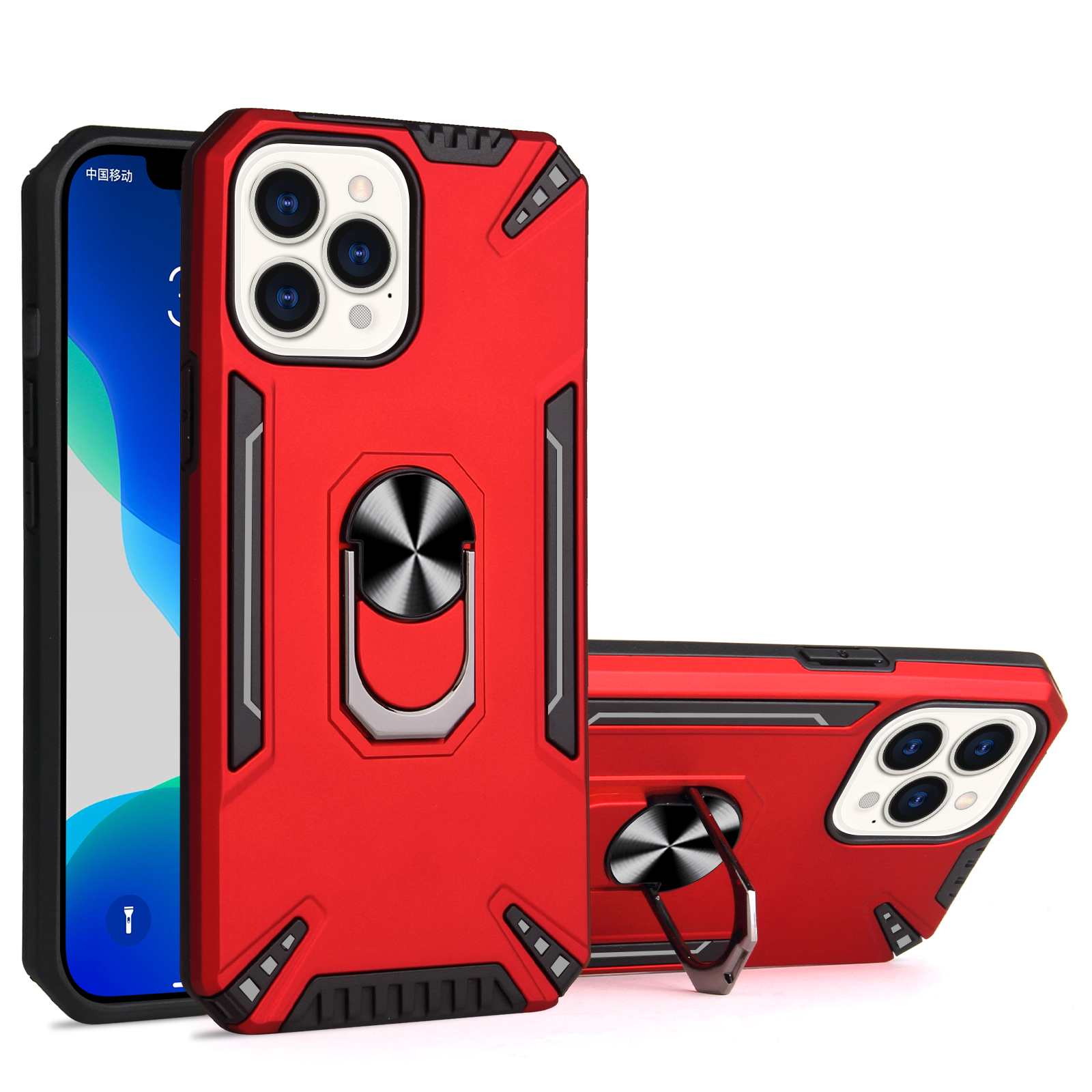 

One-Hand Operation Kickstand Design Anti-Shock Hybrid Phone Case Cover Shell with Built-In Metal Sheet for iPhone 13 Pro Max 6.7 inch - Red, iPhone 13 Pro Max