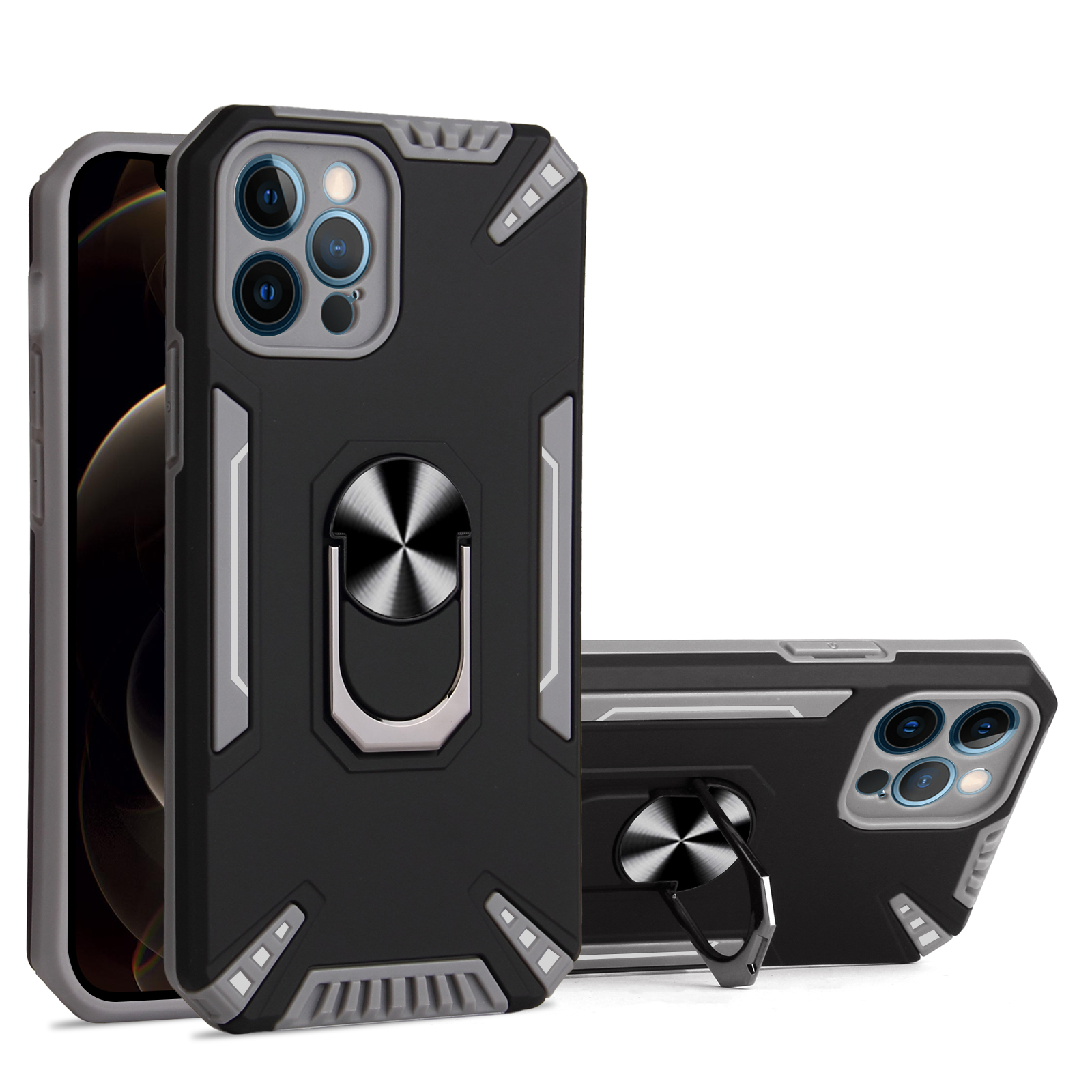 

Multi-Functional Kickstand Hybrid Phone Case Cover Shell with Built-In Metal Sheet for iPhone 12 Pro 6.1 inch - Grey, iPhone 12 Pro