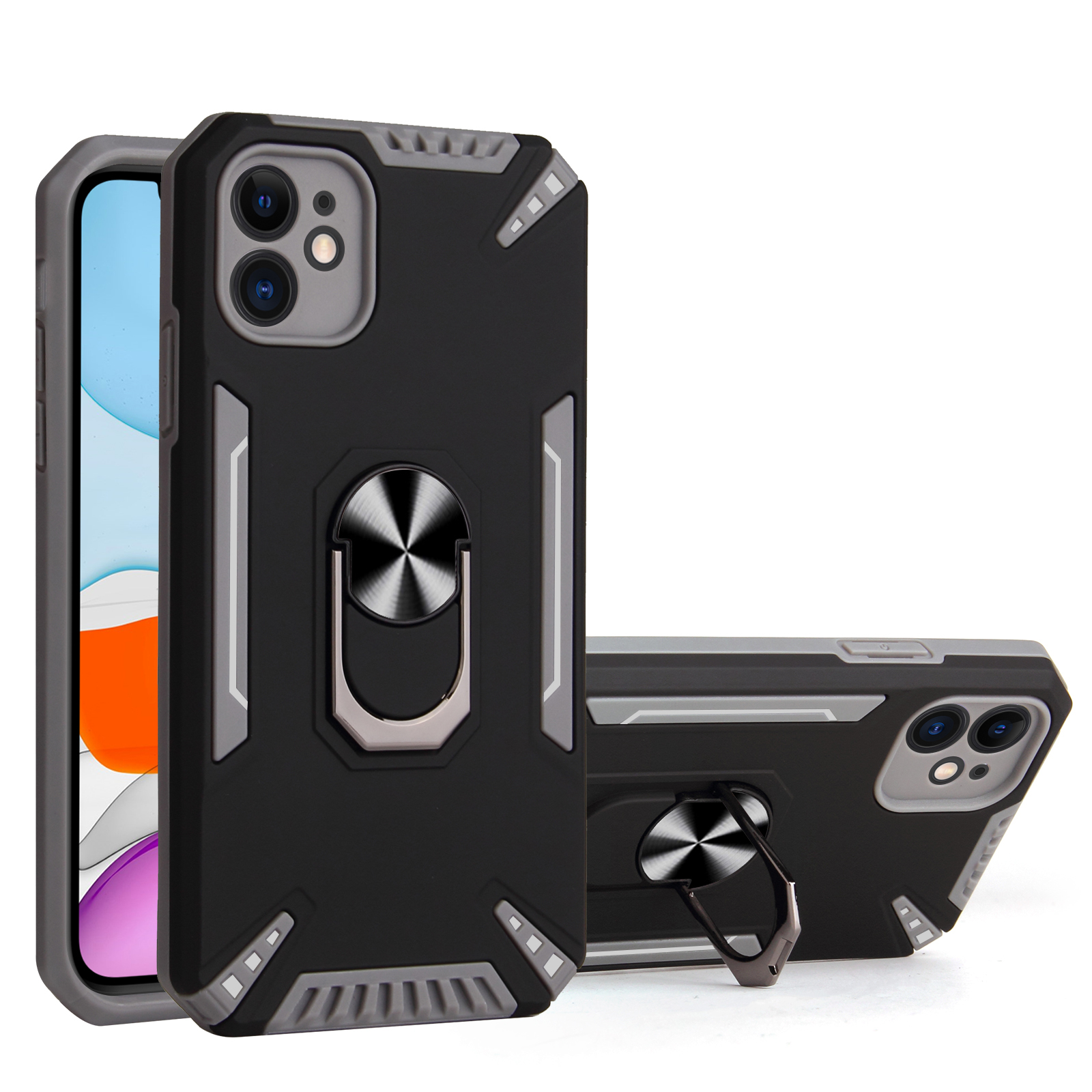 

Adjustable Kickstand Design 2-in-1 Dual Protection Hybrid Phone Case Cover Shell with Built-In Metal Sheet for iPhone 11 6.1 inch - Grey, iPhone 11 6.1 inch