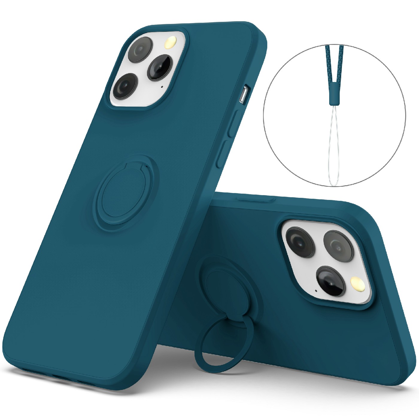 

Liquid Silicone Mobile Phone Back Case with Ring Kickstand and Strap for iPhone 12/12 Pro 6.1 inch - Navy Blue, iPhone 12