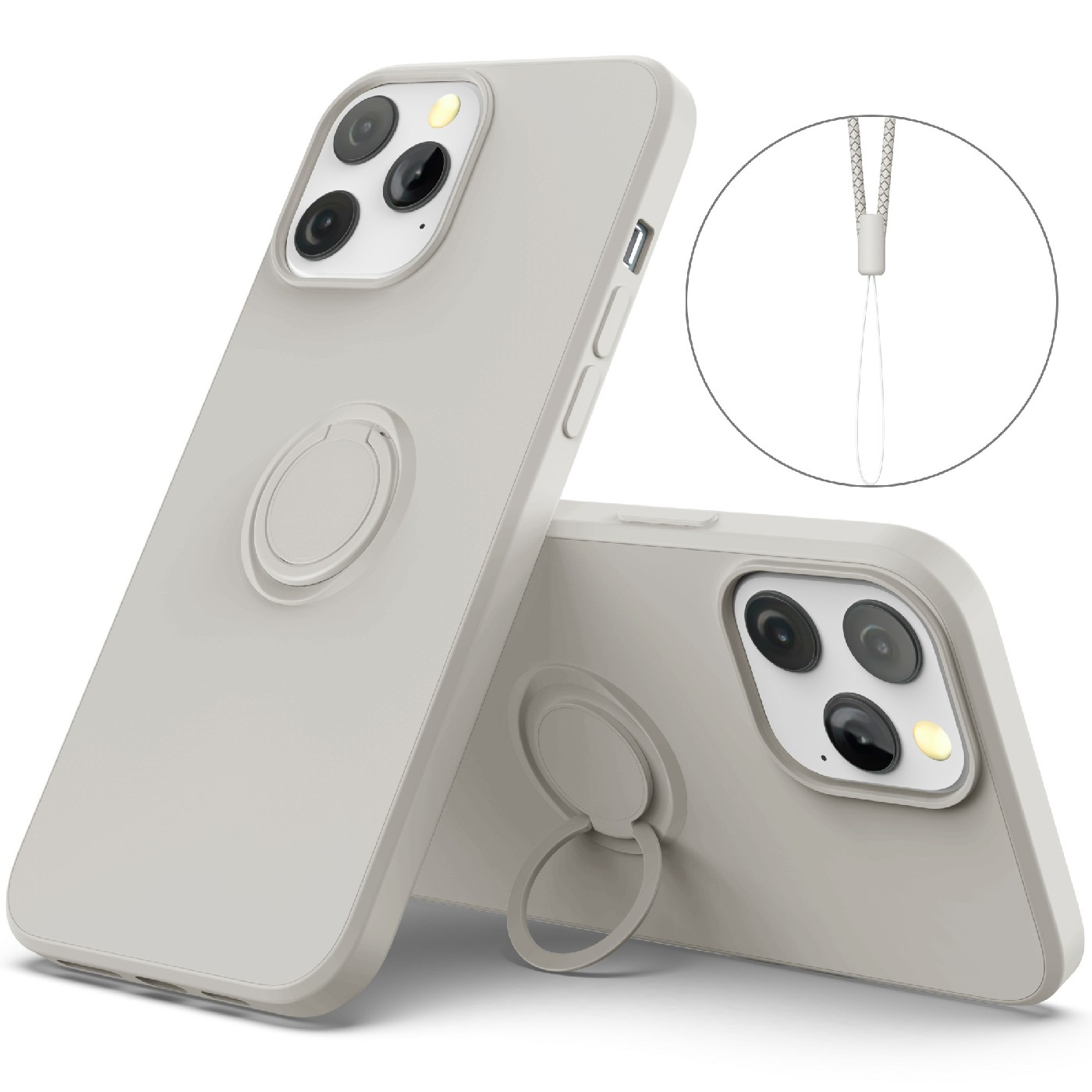

Liquid Silicone Mobile Phone Back Case with Ring Kickstand and Strap for iPhone 12/12 Pro 6.1 inch - Grey, iPhone 12