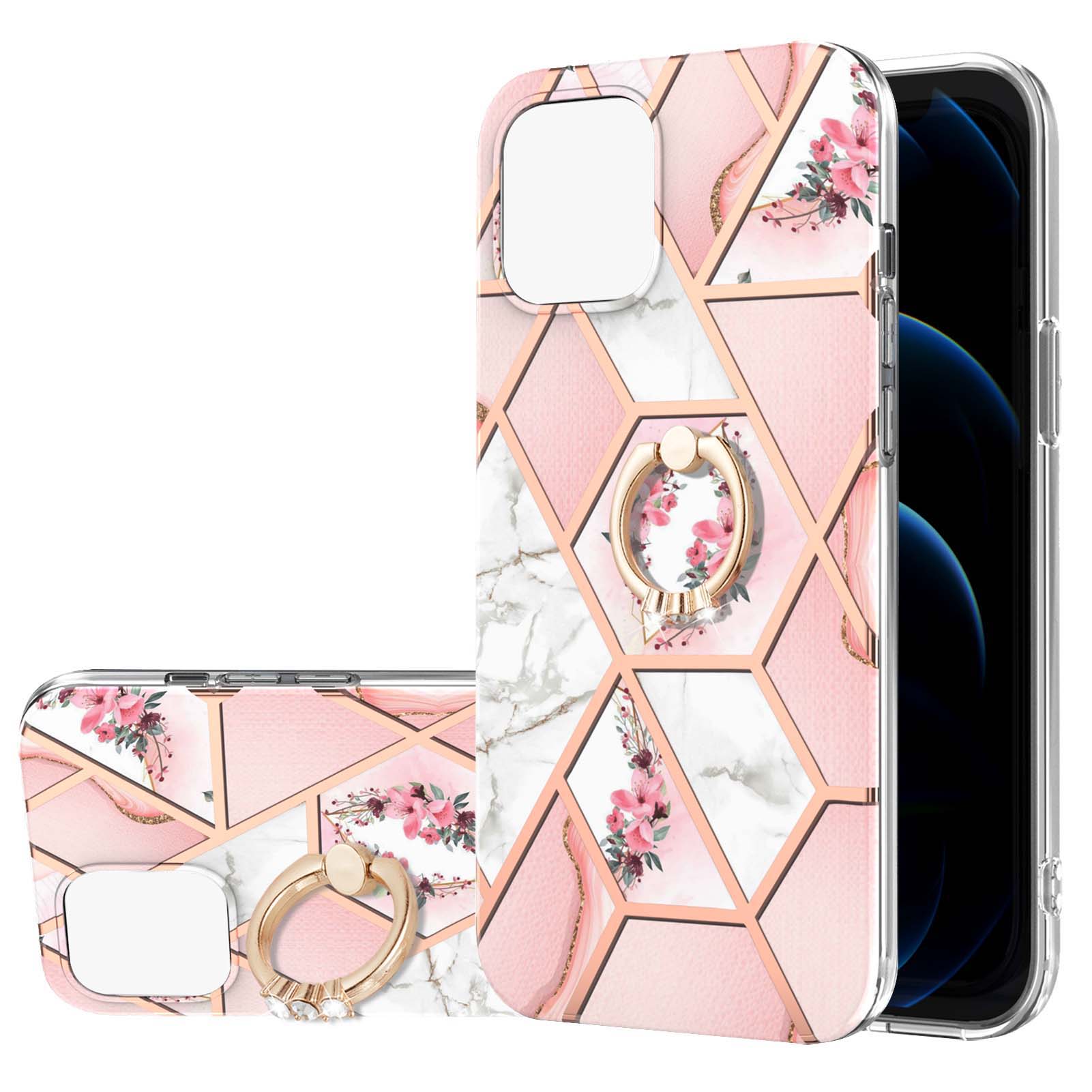 

Ring Kickstand Marble Pattern IMD Design Flexible Soft TPU Full-Body Protective Cover for iPhone 13 Pro Max 6.7 inch - Pink Flowers, iPhone 13 Pro Max