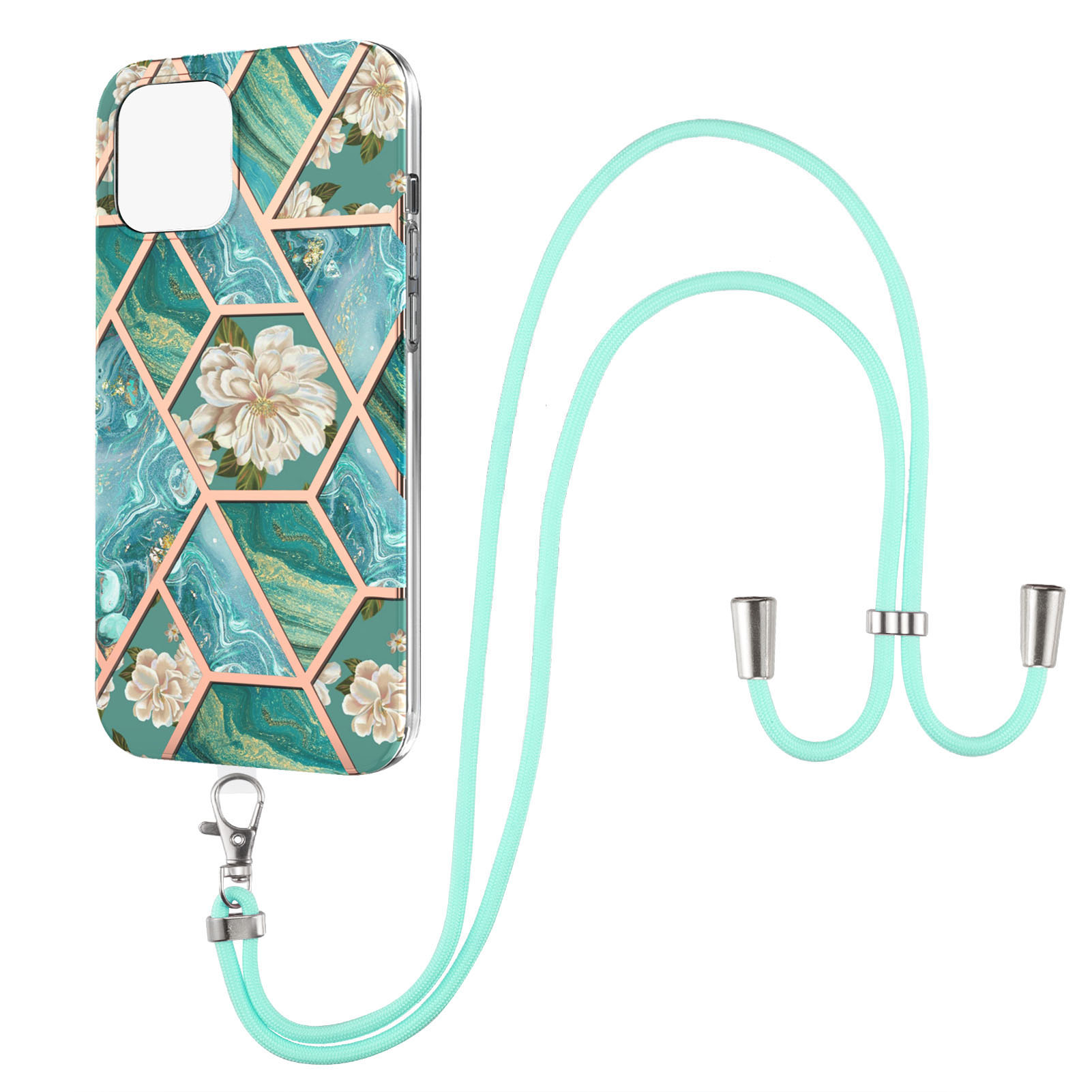 

Серия Шаблонов Мрамора IMD ​​iml Colleplating Slim Stylim Phone Case с Lanyard Для Iphone 13 Pro Max 6,7 Дюйма - Синие Цветы