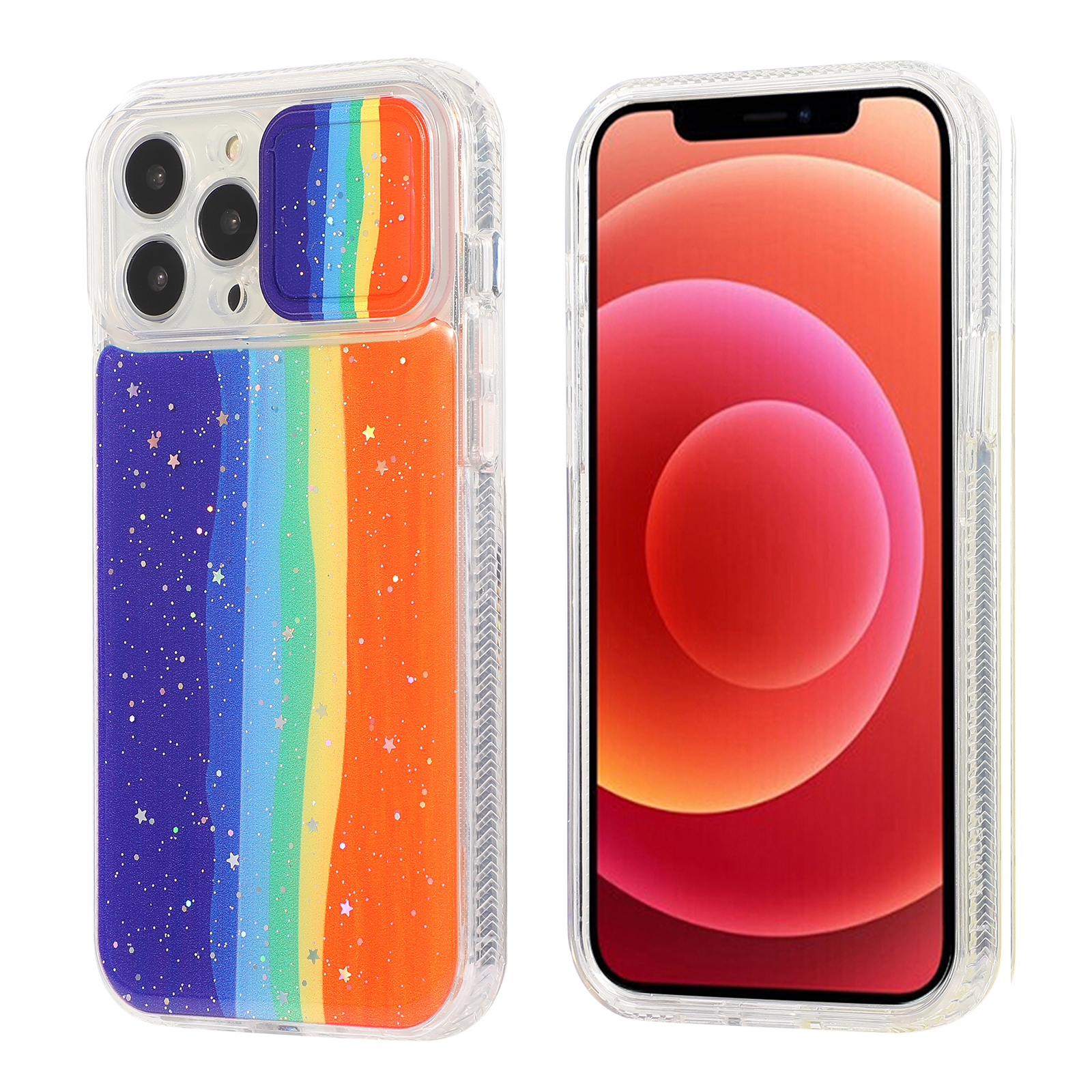 

Rainbow Color Sparkle Star Camera Slide Epoxy Phone Hybrid Case Protector for iPhone 13 Pro Max 6.7 inch - Style C, iPhone 13 Pro Max