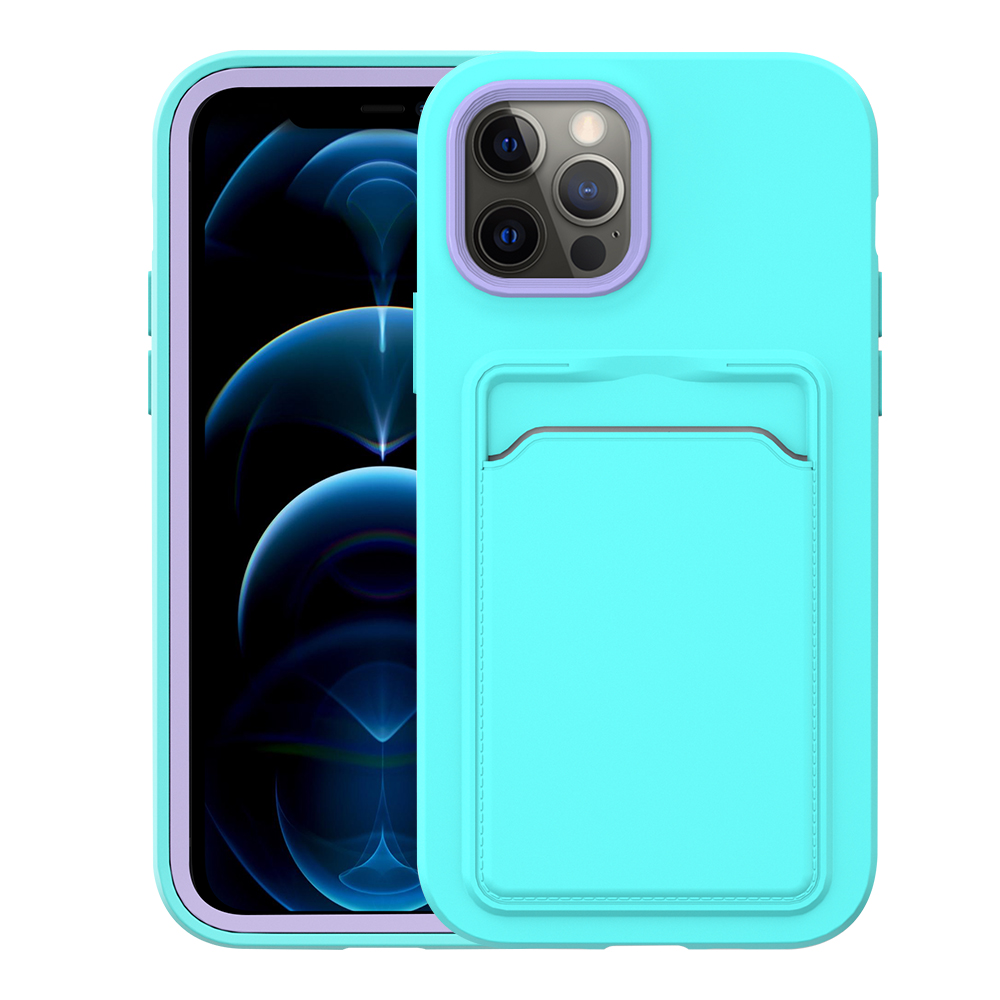 

Skin-Touch Feeling Scratch-Resistant Dual Color Hard PC Frame + Back Soft TPU Phone Case with Card Holder for iPhone 13 Pro Max 6.7 inch - Mint Green/Purple, iPhone 13 Pro Max