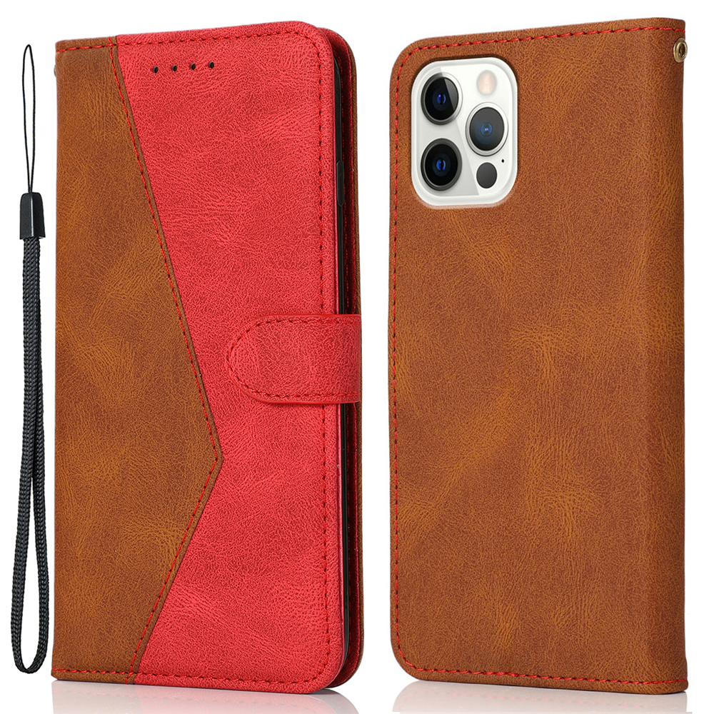 

Dual Color Splicing Wallet Stand Leather Phone Cover Shell with Wrist Strap for iPhone 12 6.1 inch/12 Pro 6.1 inch - Brown/Red