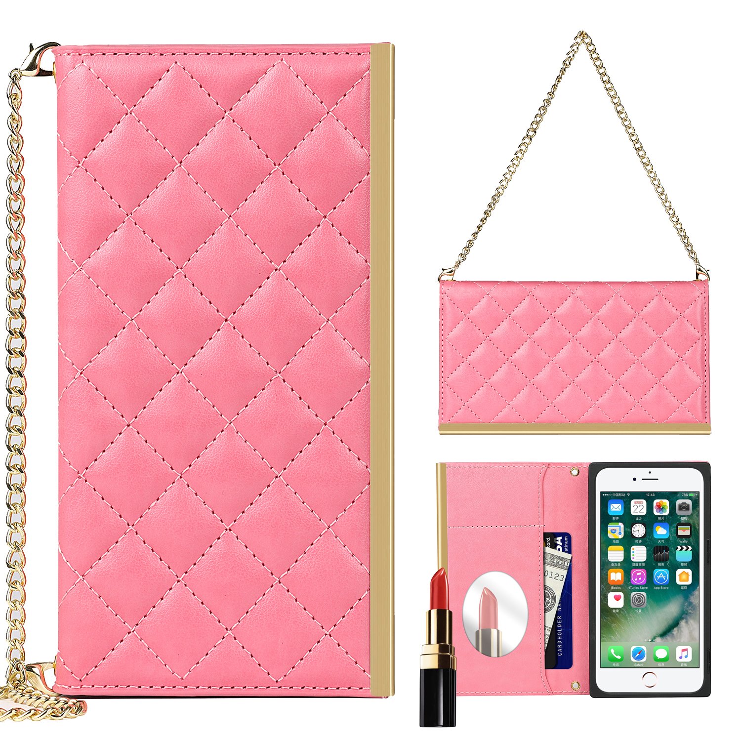 

Sac de Téléphone de Texture de Grille Sac à Main de Téléphone en Cuir Avec Miroir de Maquillage Pour Iphone SE (2022) / SE (2020) / 8/7 - Rose