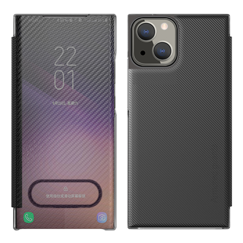 

Message Viewing Supported Carbon Fiber Texture Kickstand Translucent Phone Cover Shell for iPhone 13 Pro Max 6.7 inch - Black, iPhone 13 Pro Max