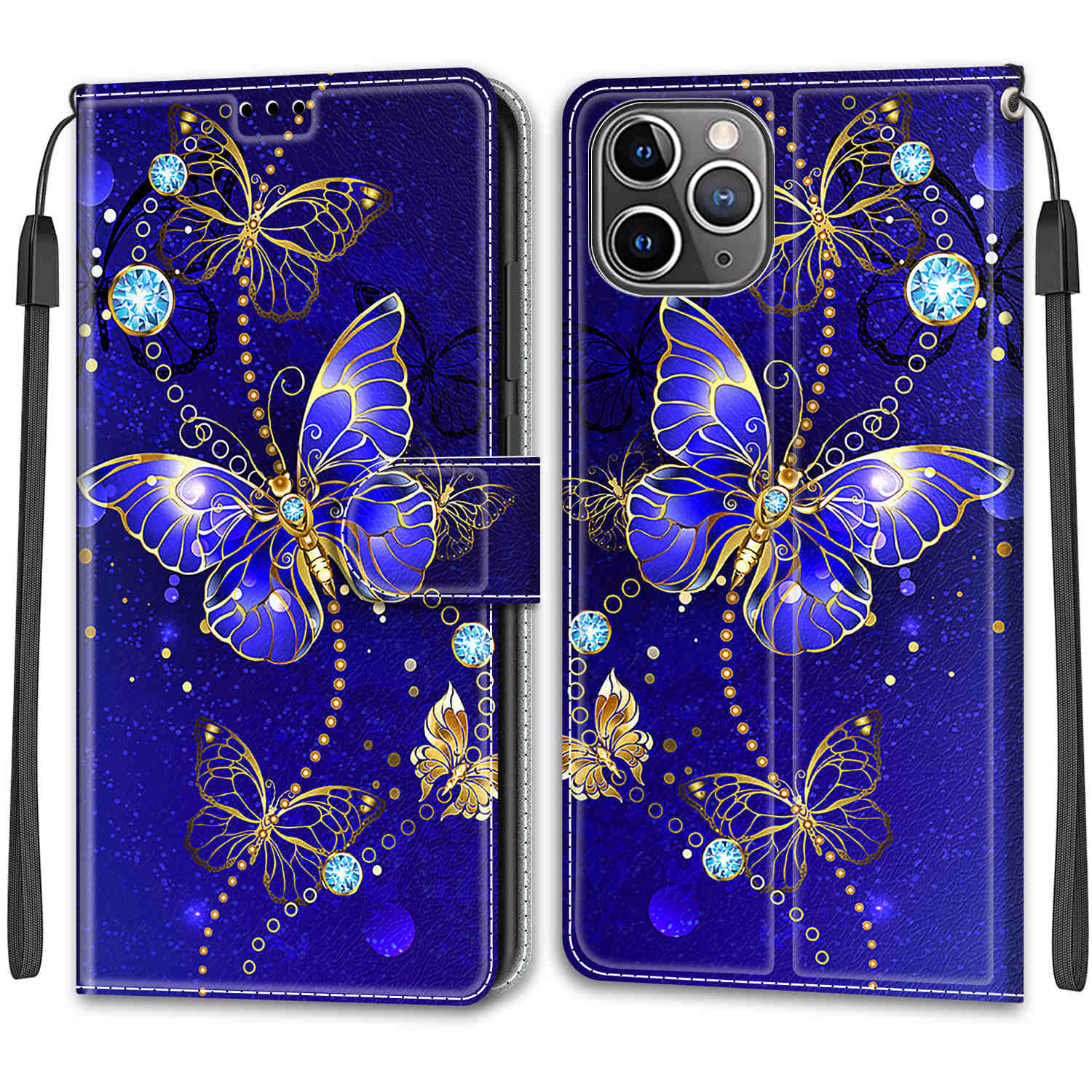 

Pattern Printing Design Wrist Strap Anti-Fall Protective Leather Phone Case with Stand for iPhone 12 Pro Max 6.7 inch - Blue Butterflies, iPhone 12 Pro Max