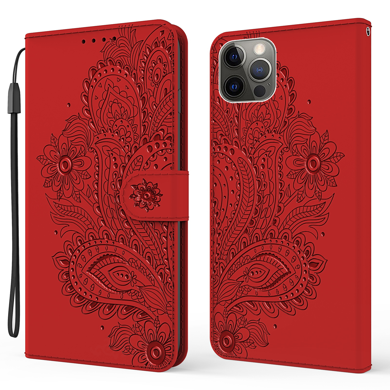 

Imprinted Flower Leather Wallet Phone Protector Case with Hand Strap for iPhone 13 Pro Max 6.7 inch - Red, iPhone 13 Pro Max