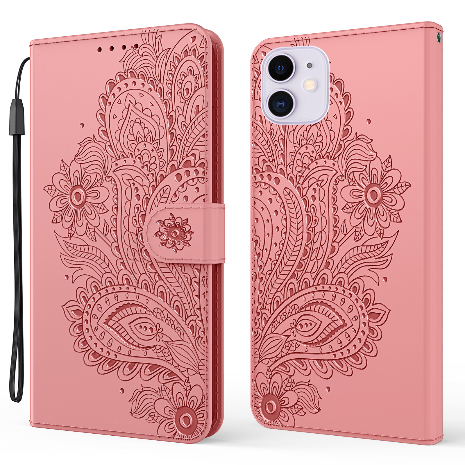 

Imprinted Flower Pattern PU Leather Wallet Stand Phone Shell Cover with Strap for iPhone 13 mini 5.4 inch - Pink, iPhone 13 mini