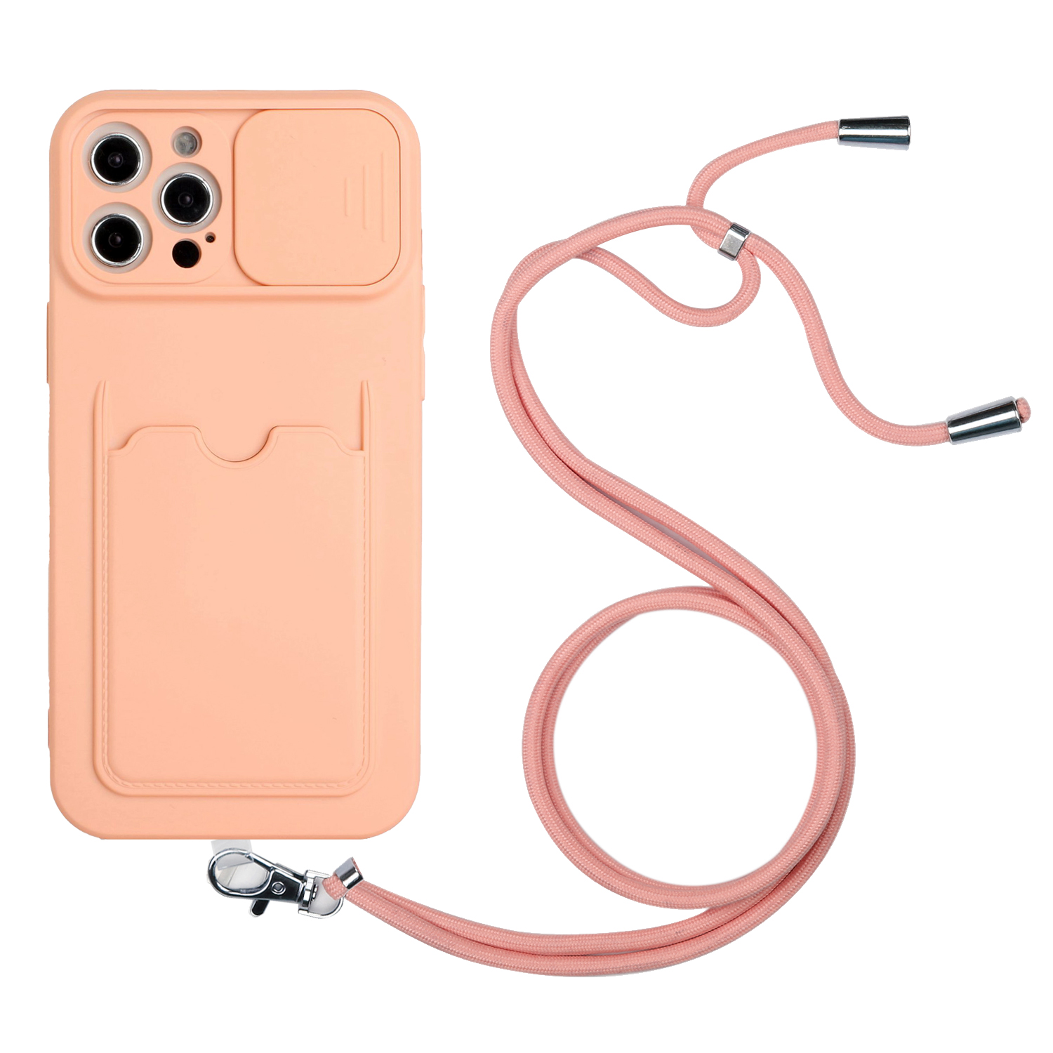 

Camera Slide Cover TPU Phone Case Card Holder Shell with Lanyard for iPhone 13 Pro Max 6.7 inch - Pink, iPhone 13 Pro Max
