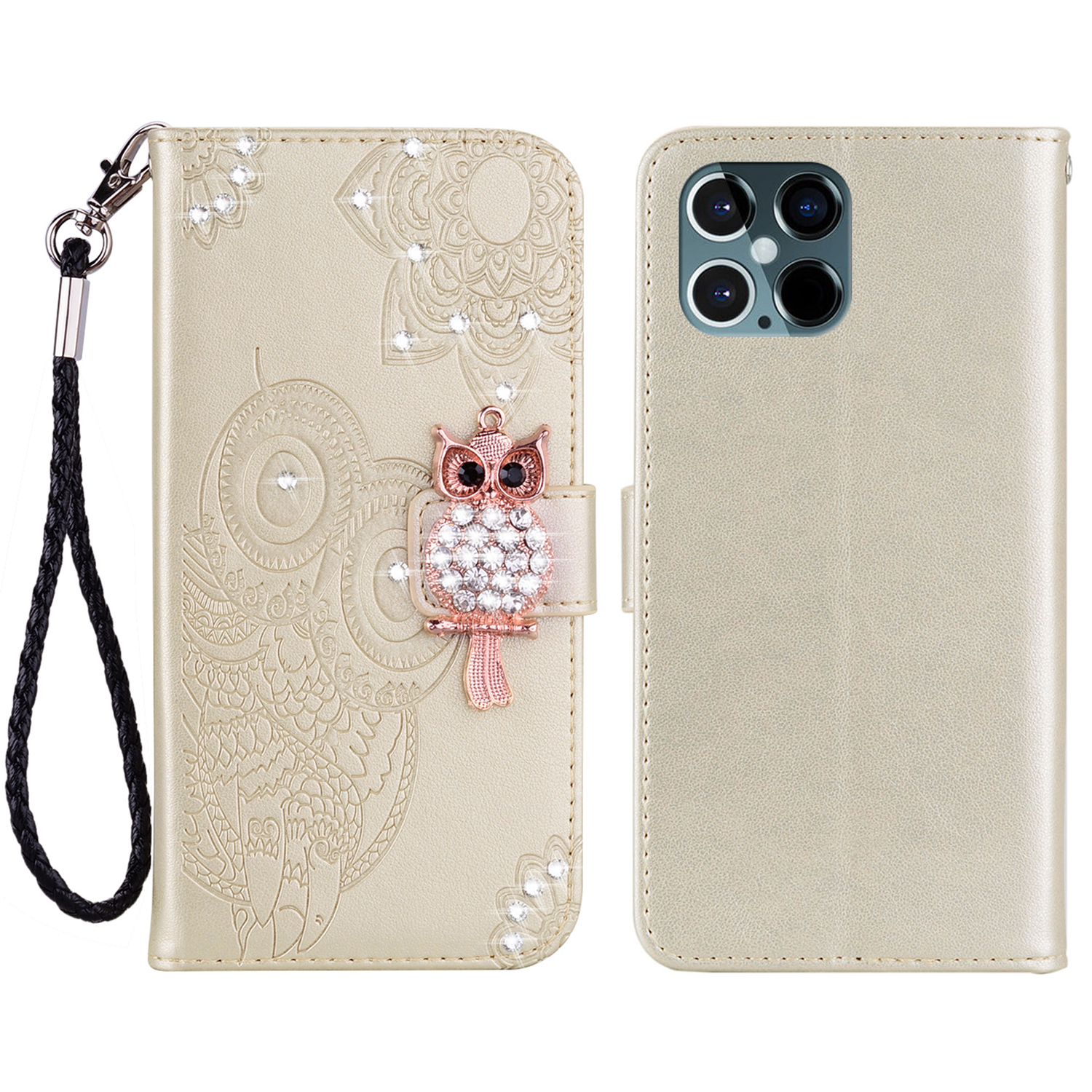 

Rhinestone Decor Imprinted Owl Pattern Leather Case Shell with Stand Wallet for iPhone 13 Pro Max 6.7 inch - Gold, iPhone 13 Pro Max