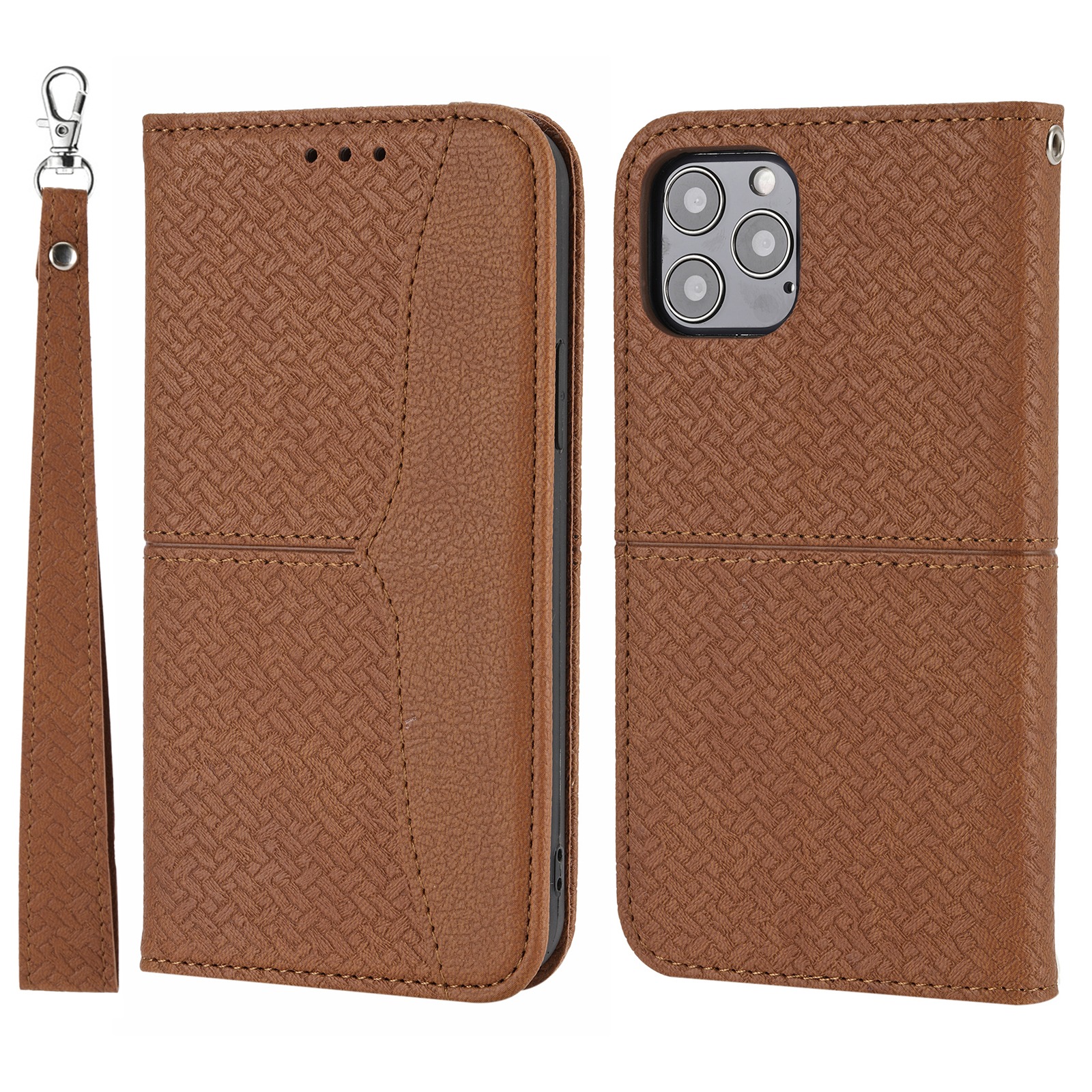 

Auto-Absorbed Woven Texture Splicing Wallet Stand Design Leather Case with Handy Strap for iPhone 13 Pro Max 6.7 inch - Brown, iPhone 13 Pro Max
