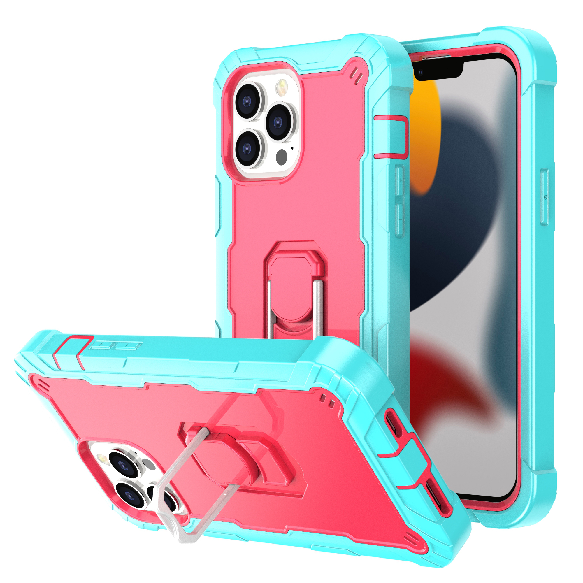 

Dual Color Hybrid Case Phone Shell with 360 Degree Rotation Kickstand for iPhone 13 Pro Max 6.7 inch - Mint Green/Rose Red, iPhone 13 Pro Max