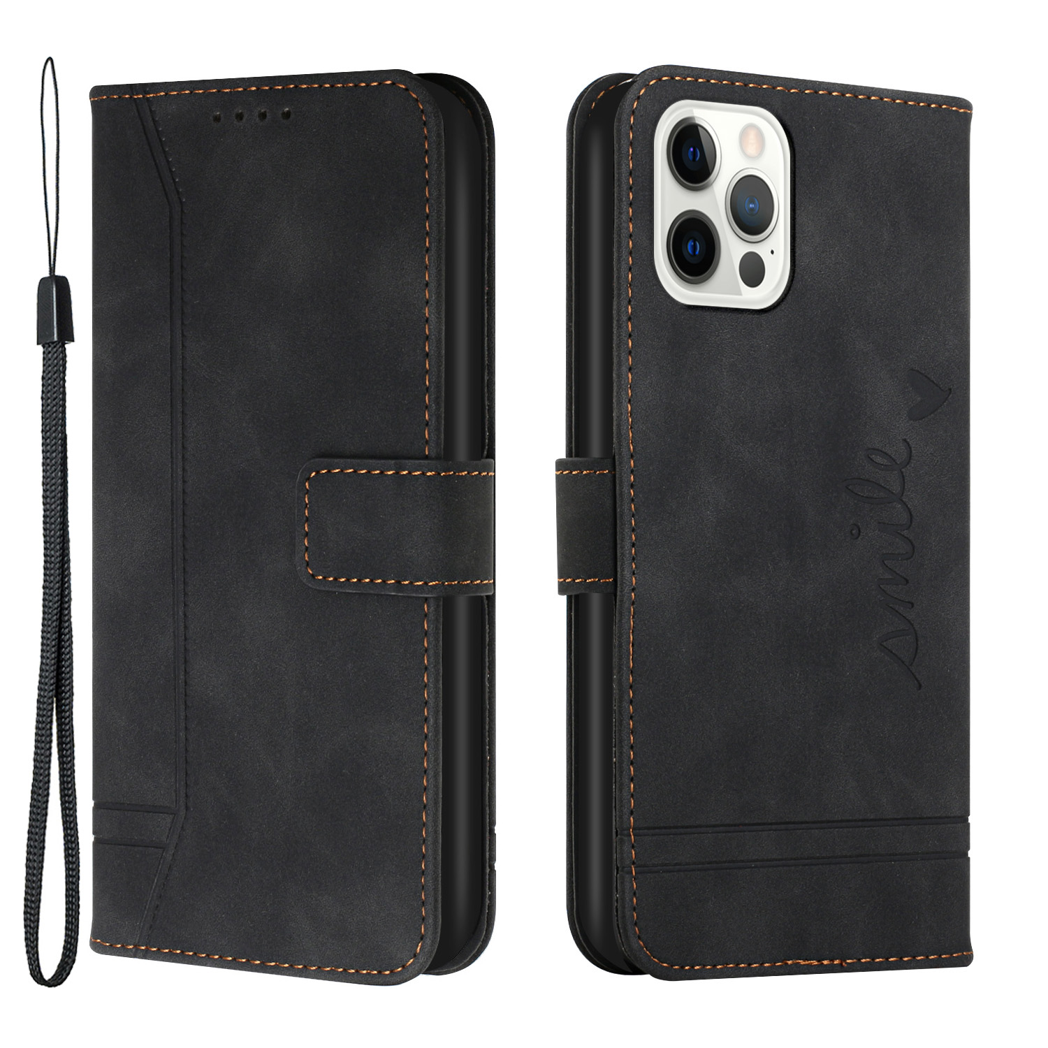 

003 Series Love Heart Imprinted Skin-Touch All-Round Protection Anti-Fall Magnetic Clasp Leather Phone Case with Stand for iPhone 13 Pro Max 6.7 inch - Black, iPhone 13 Pro Max