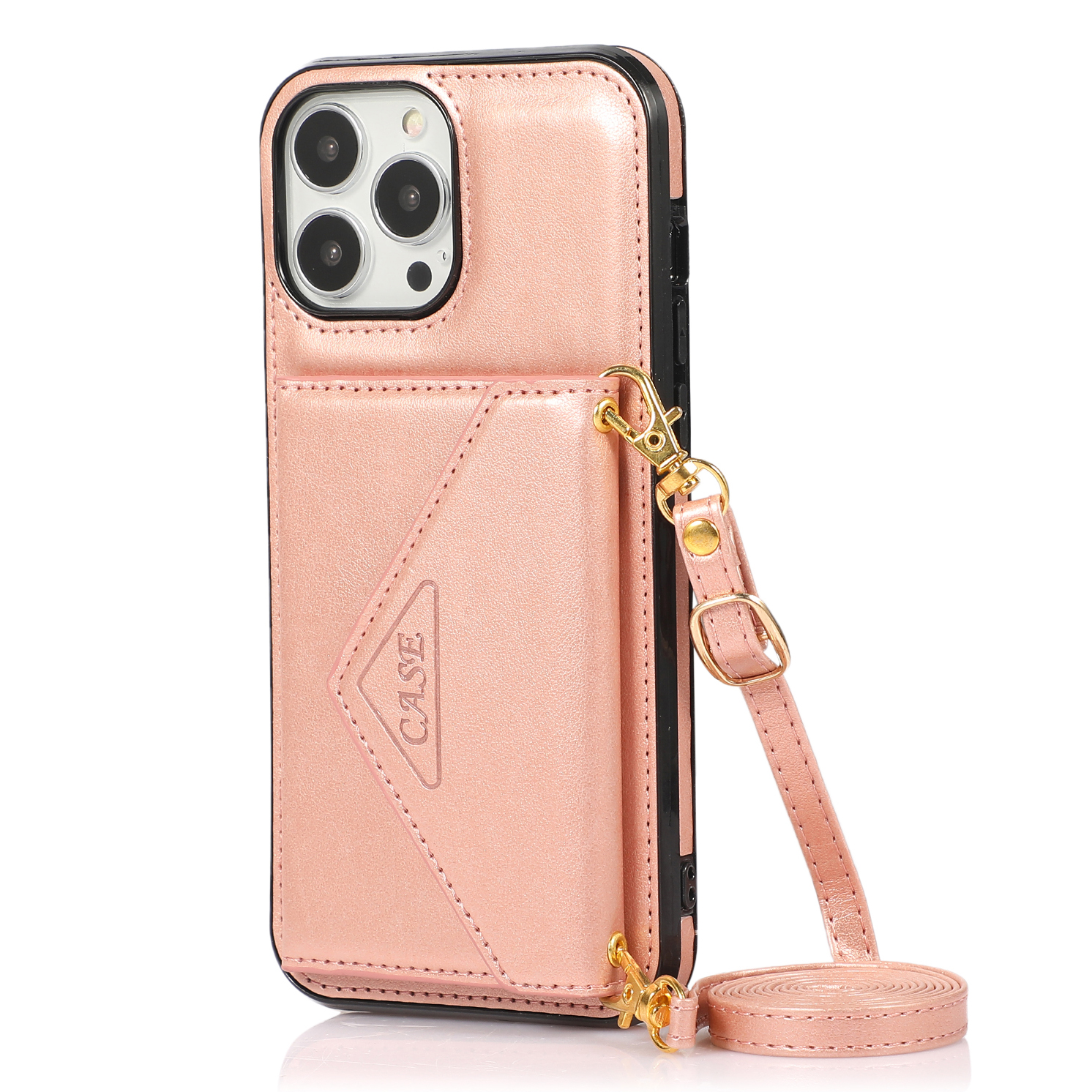 

Anti-Scratch PU Leather Coated PC+ TPU Hybrid Case with Strap and Kickstand for iPhone 13 Pro 6.1 inch - Rose Gold, iPhone 13 Pro
