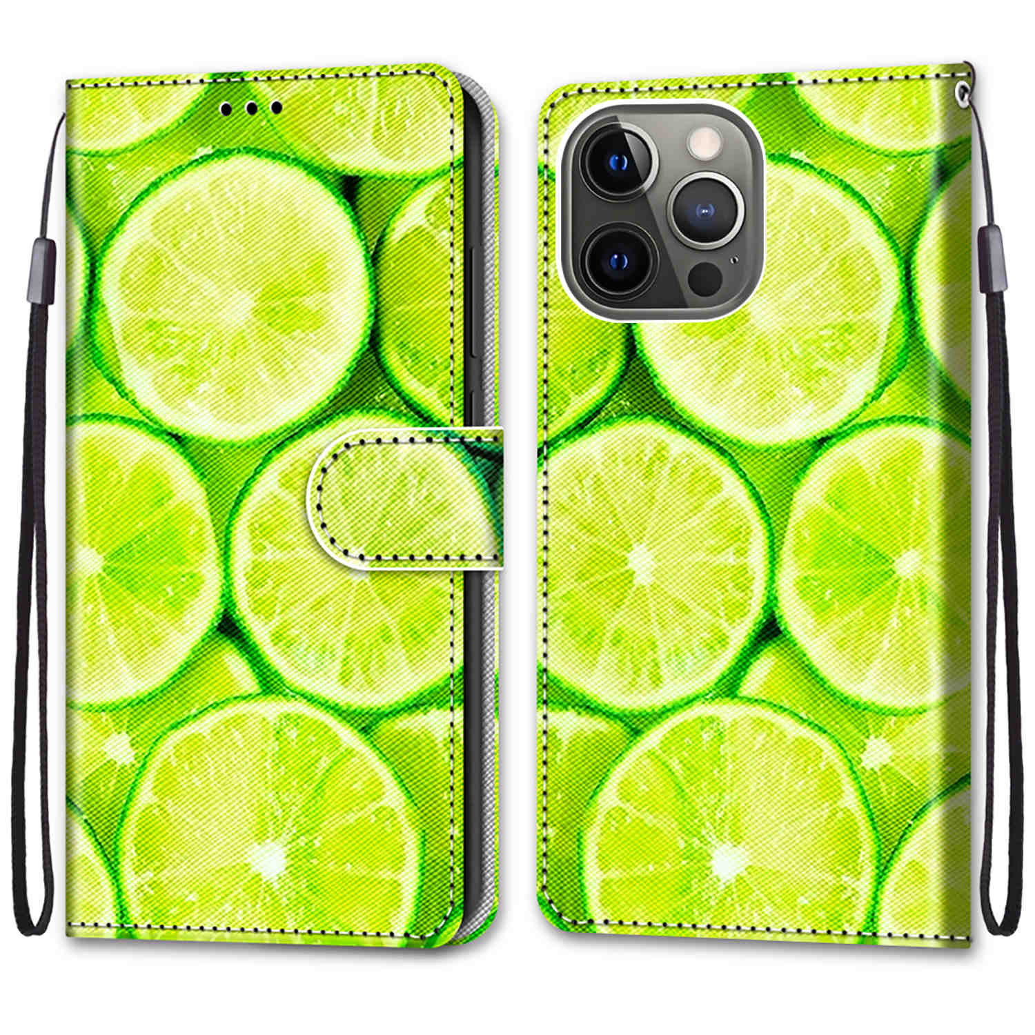 

Unique Pattern Printing All-Inclusive Leather Cover Wallet Phone Case with Foldable Stand and Handy Strap for iPhone 13 Pro Max 6.7 inch - Lemon, iPhone 13 Pro Max