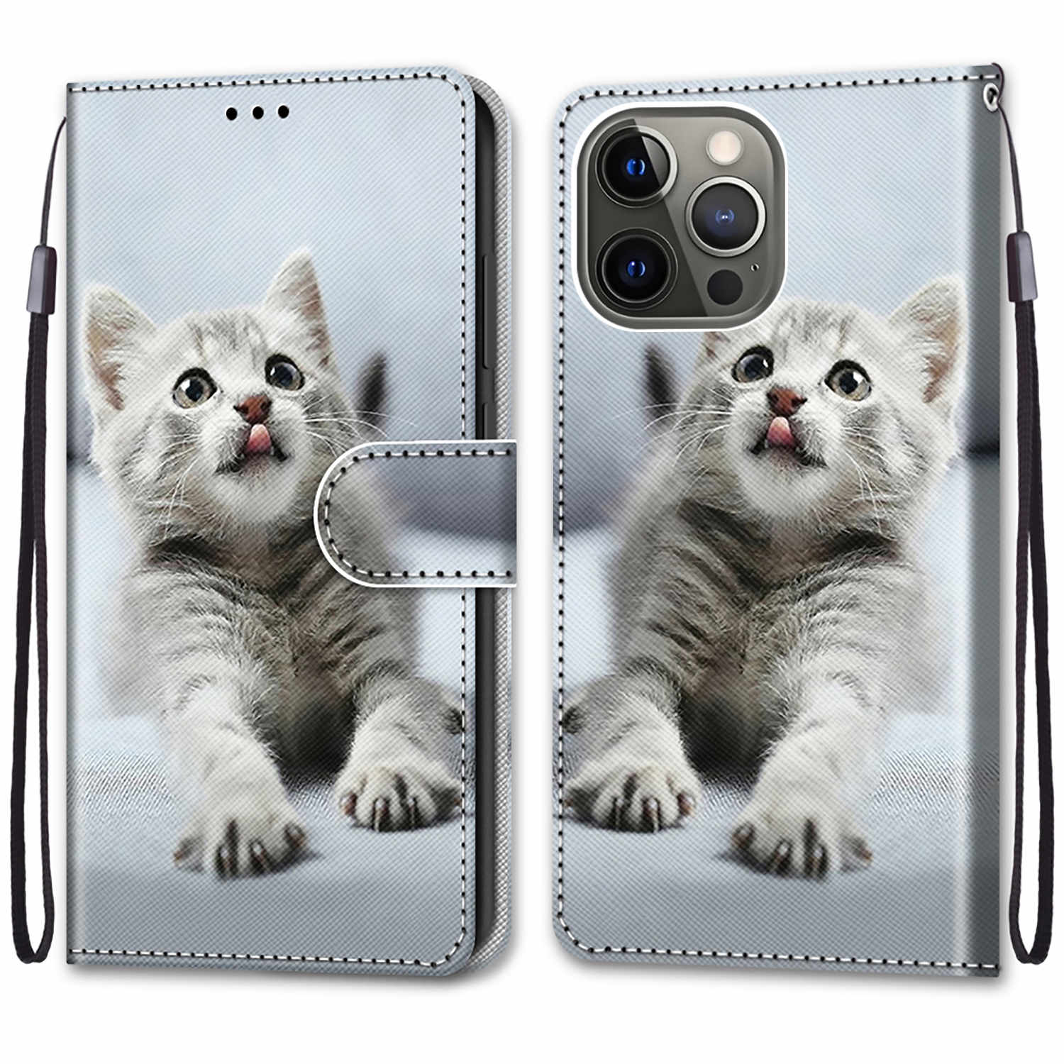 

Wallet Design Pattern Printing Leather Cover Phone Case with Foldable Stand and Handy Strap for iPhone 13 Pro Max 6.7 inch - Grey Cat, iPhone 13 Pro Max