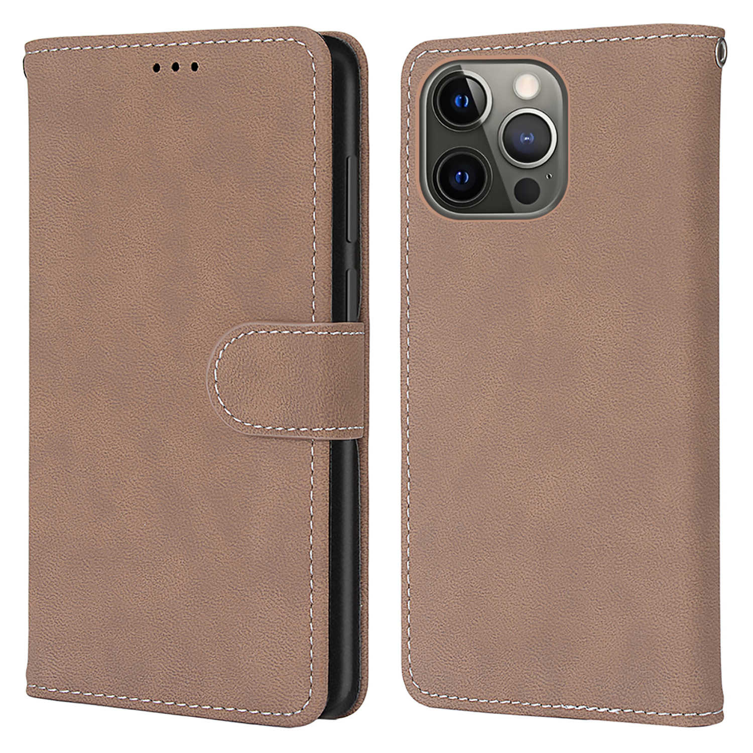 

Matte Surface Retro Style Leather Wallet Phone Cover Shell for iPhone 13 Pro 6.1 inch - Brown, iPhone 13 Pro