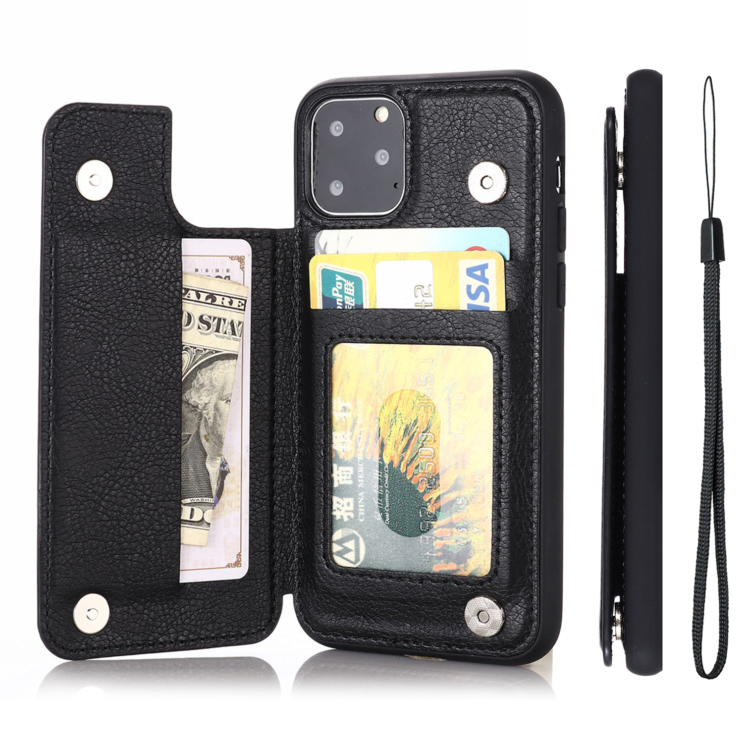 

Card Holder Design PU Leather Coated Phone Case Kickstand Shell with Wrist Strap for iPhone 13 Pro Max 6.7 inch - Black, iPhone 13 Pro Max