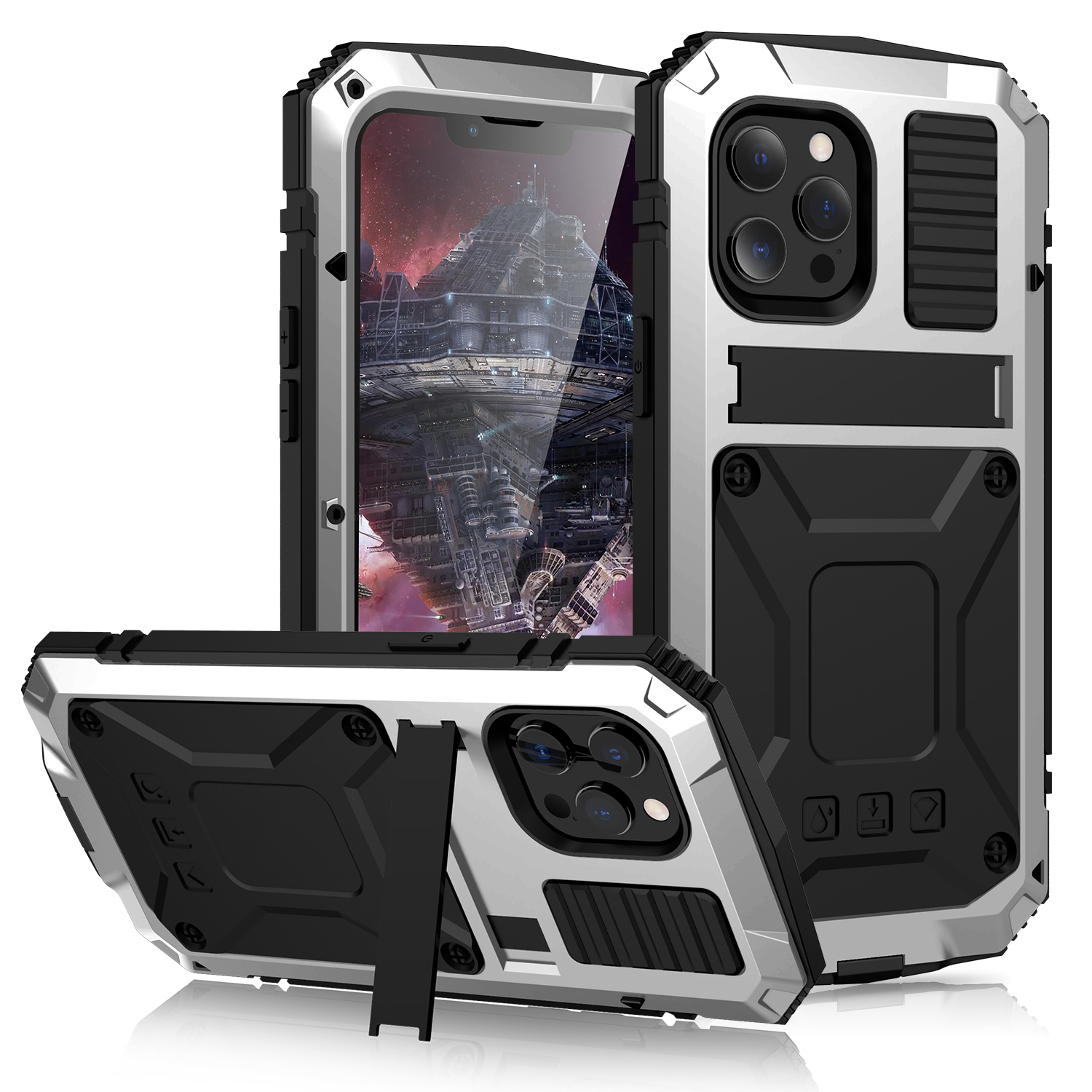 

R-JUST Kickstand Silicone Armor Metal Shockproof Cover with Built-in Screen Protector for iPhone 13 Pro Max 6.7 inch - Silver, iPhone 13 Pro Max
