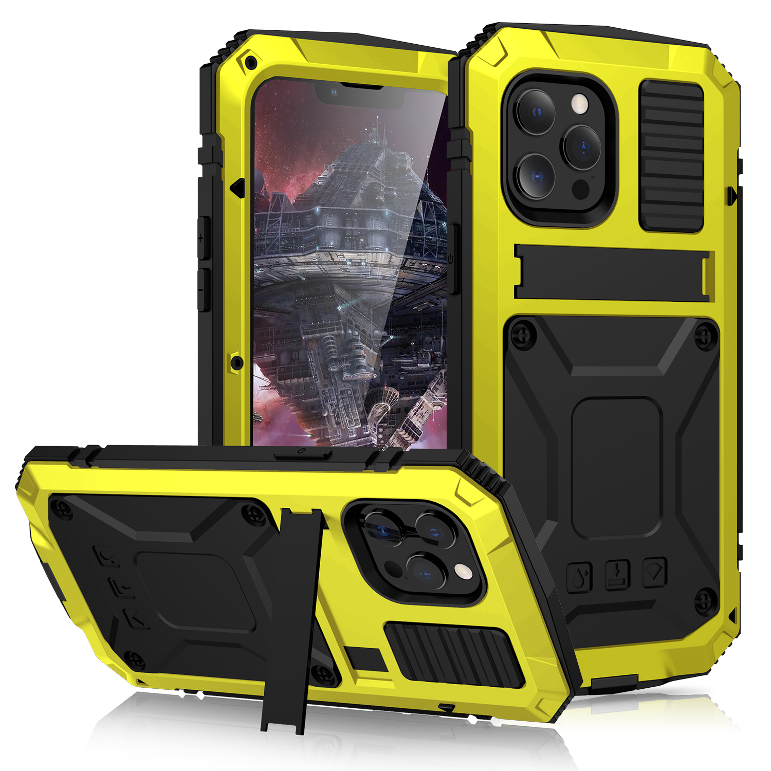 

R-JUST Kickstand Silicone Armor Metal Shockproof Cover with Built-in Screen Protector for iPhone 13 Pro Max 6.7 inch - Yellow, iPhone 13 Pro Max