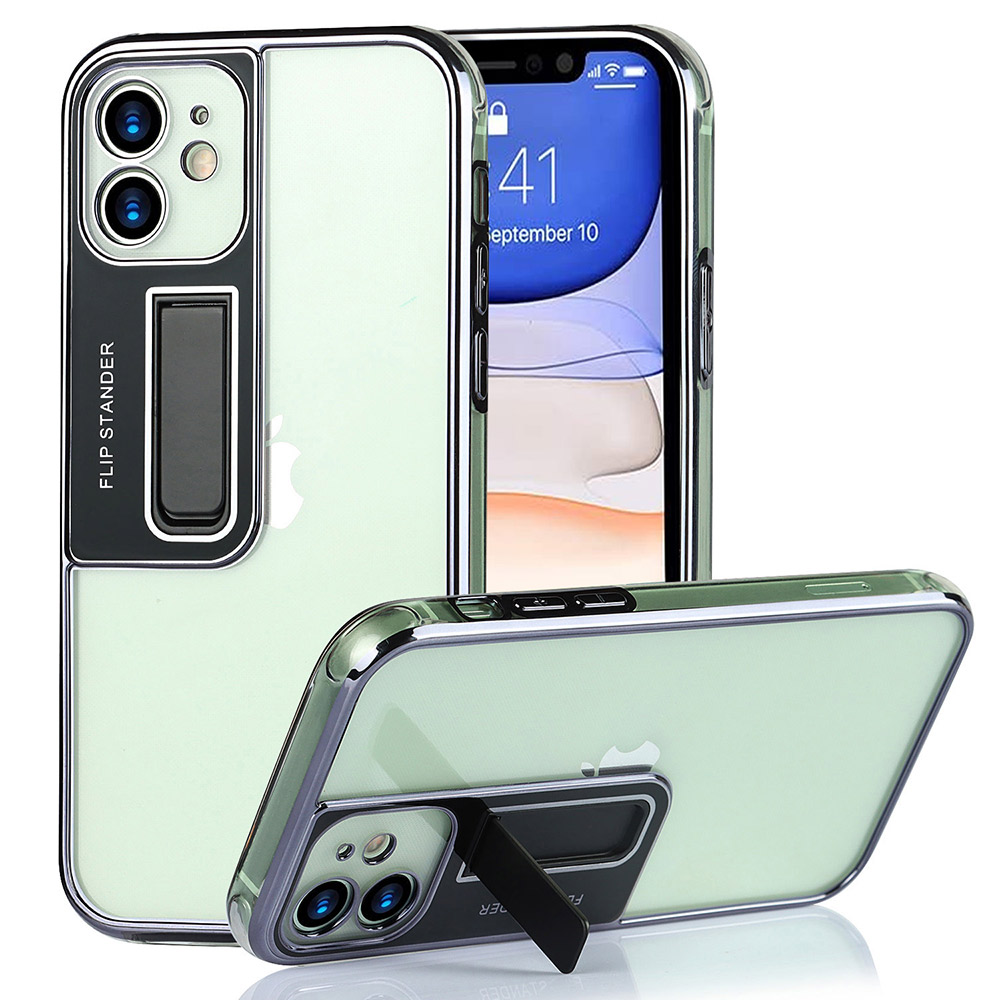 

Kickstand Clear Electroplated Transparent TPU Protective Back Cover for iPhone 11 6.1 inch - Black, iPhone 11 6.1 inch