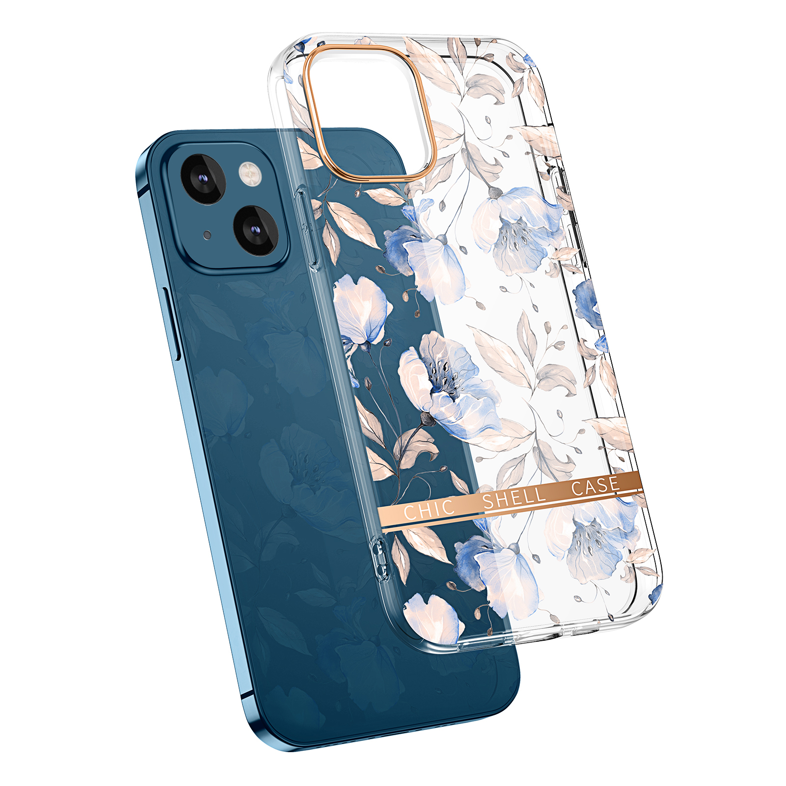 

Floral Pattern Hard Acrylic + Soft TPU Airbag Anti-Fall Shockproof Protective Electroplated Case for iPhone 13 mini 5.4 inch - Light Blue Roses, iPhone 13 mini