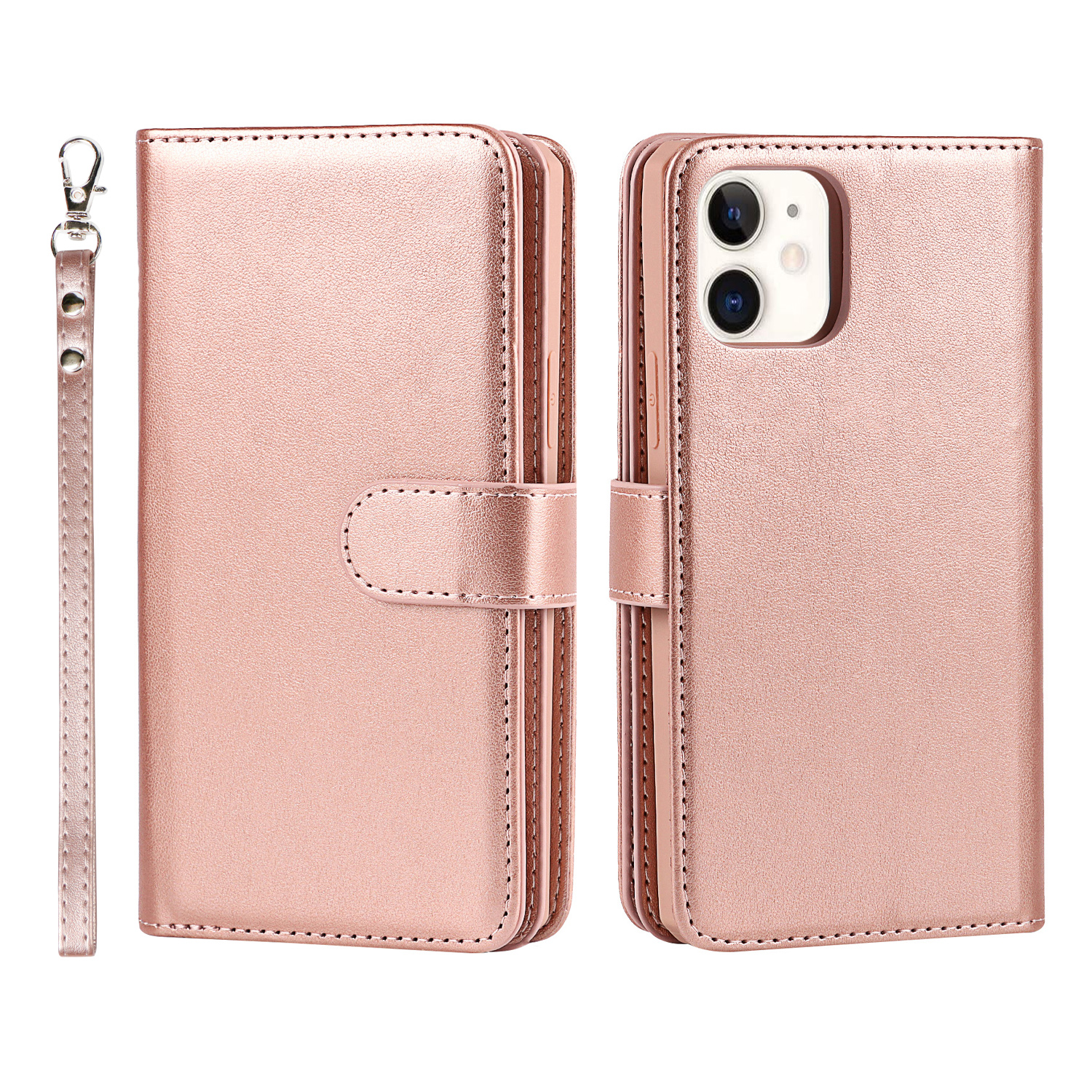 

For iPhone 12 mini 5.4 inch Detachable Design PU Leather Wallet Stand Phone Case Shell with Wrist Strap - Rose Gold
