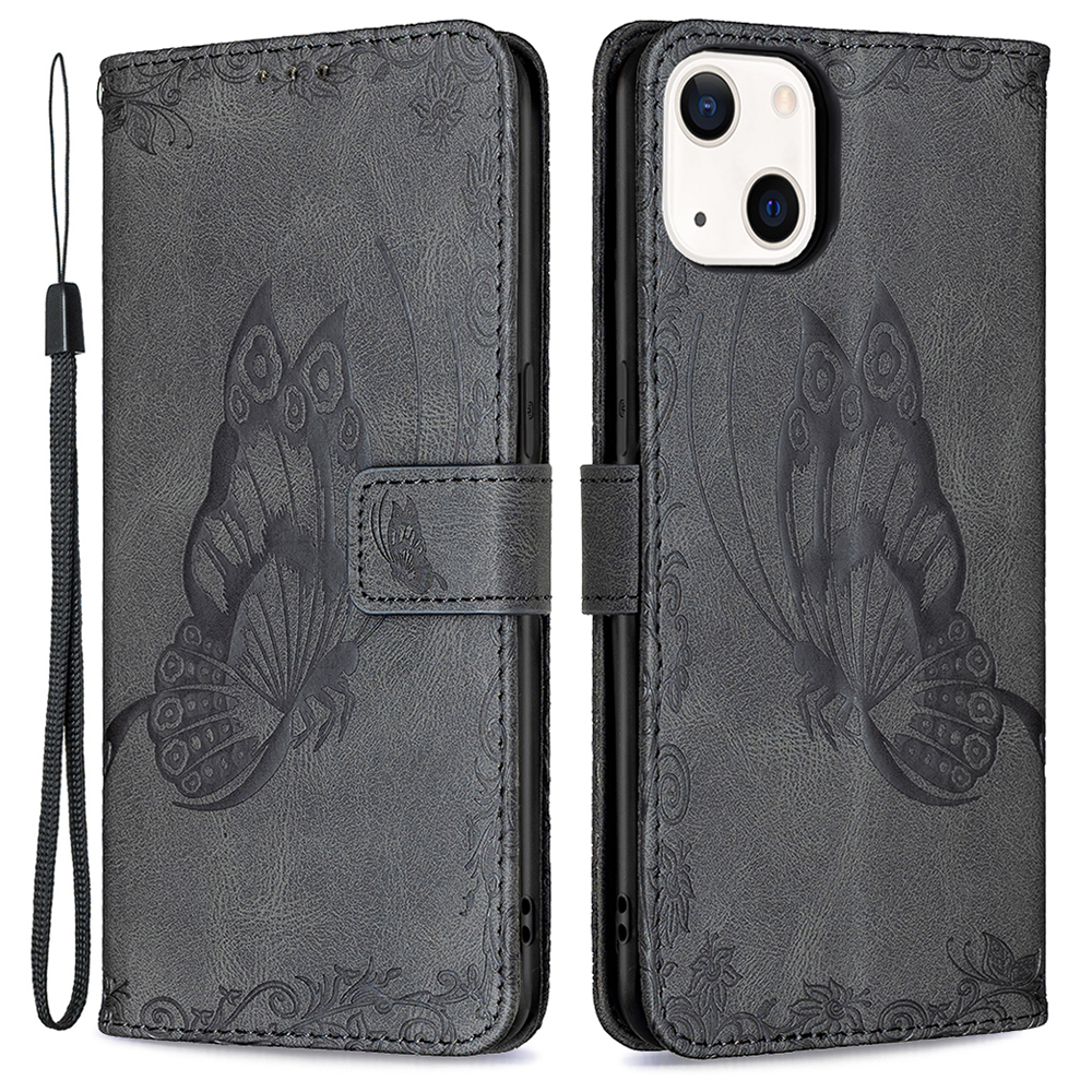 

Imprint Butterfly Flower pu Кожаный Защитный Чехол по Защите с Подставкой и Ремнем Для Iphone 13 6,1 Дюйма - Черный, iPhone 13