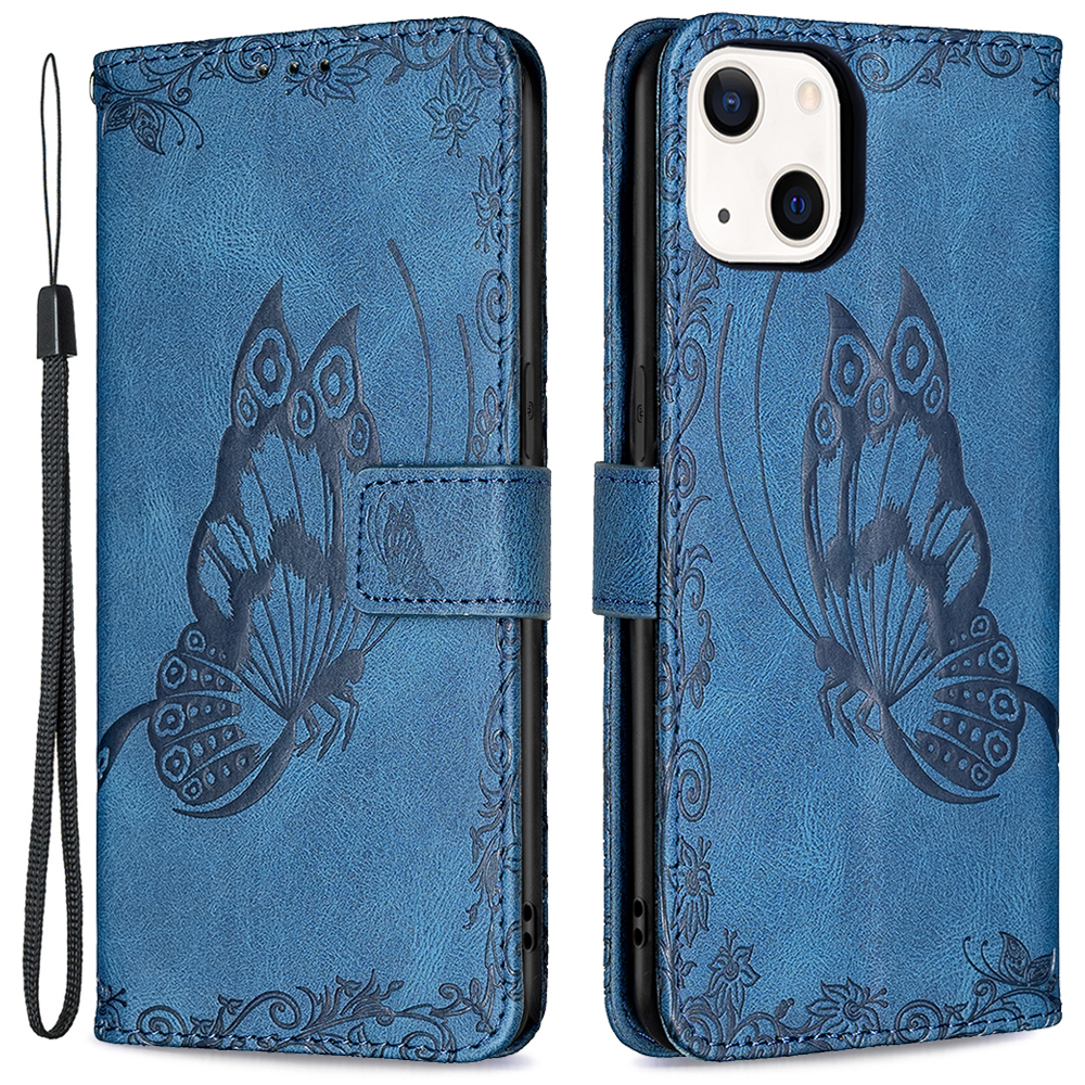 

Imprint Butterfly Flower PU Leather Flip Protective Phone Case with Stand and Strap for iPhone 13 6.1 inch - Blue, iPhone 13