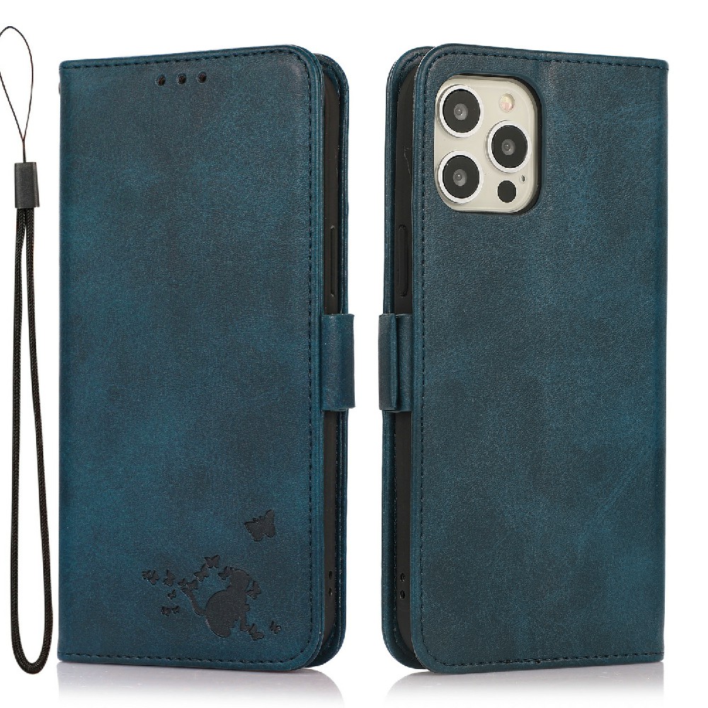 

Imprinted Cat Butterfly Pattern Stand Wallet Design Leather Phone Cover Case for iPhone 13 Pro 6.1 inch - Blue, iPhone 13 Pro