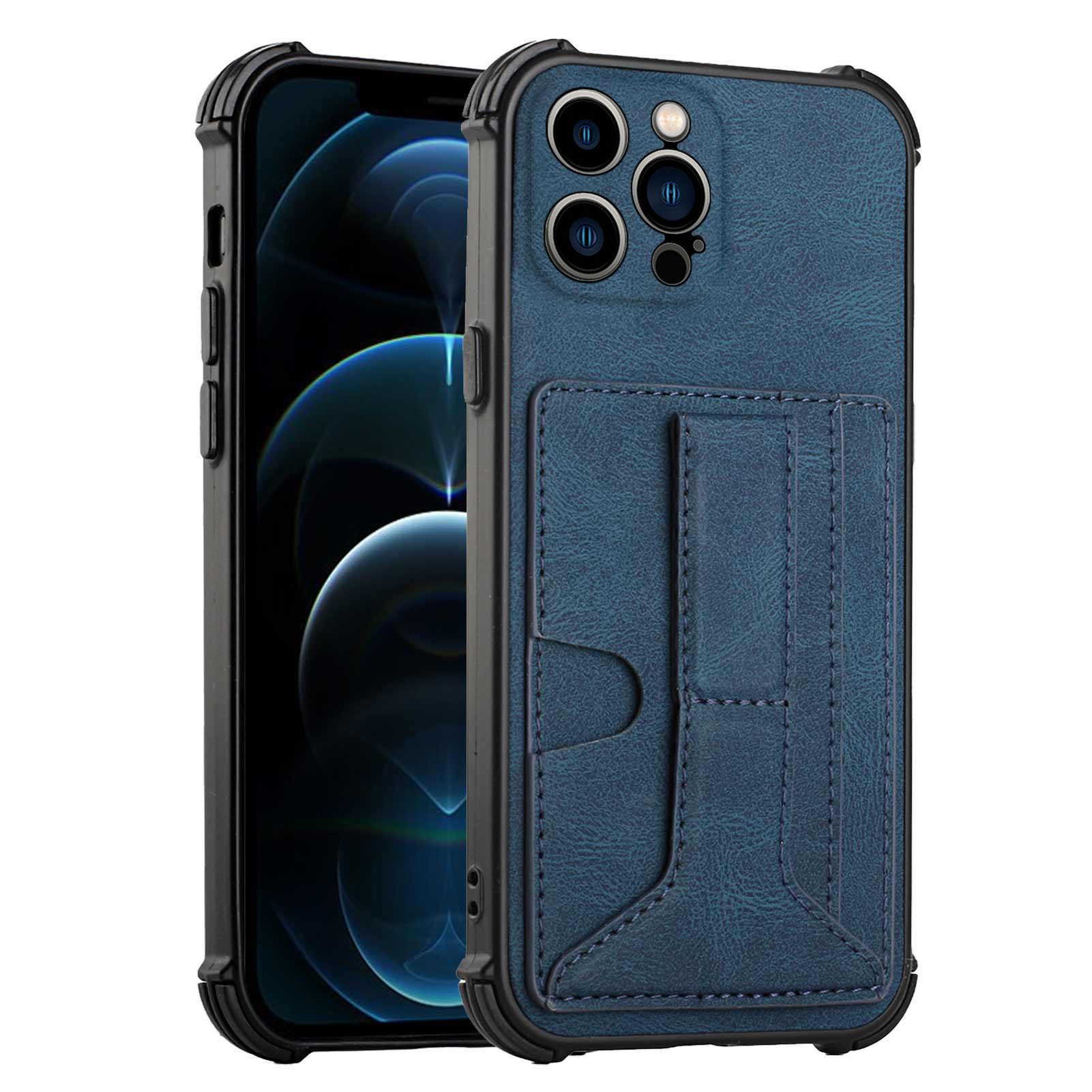 

Для Iphone 13 Pro Max 6,7-дюймовый Амортизатор PU Leather+tpu Cope Cover Cover с Слотами Для Карт Kickstand - Синий, iPhone 13 Pro Max
