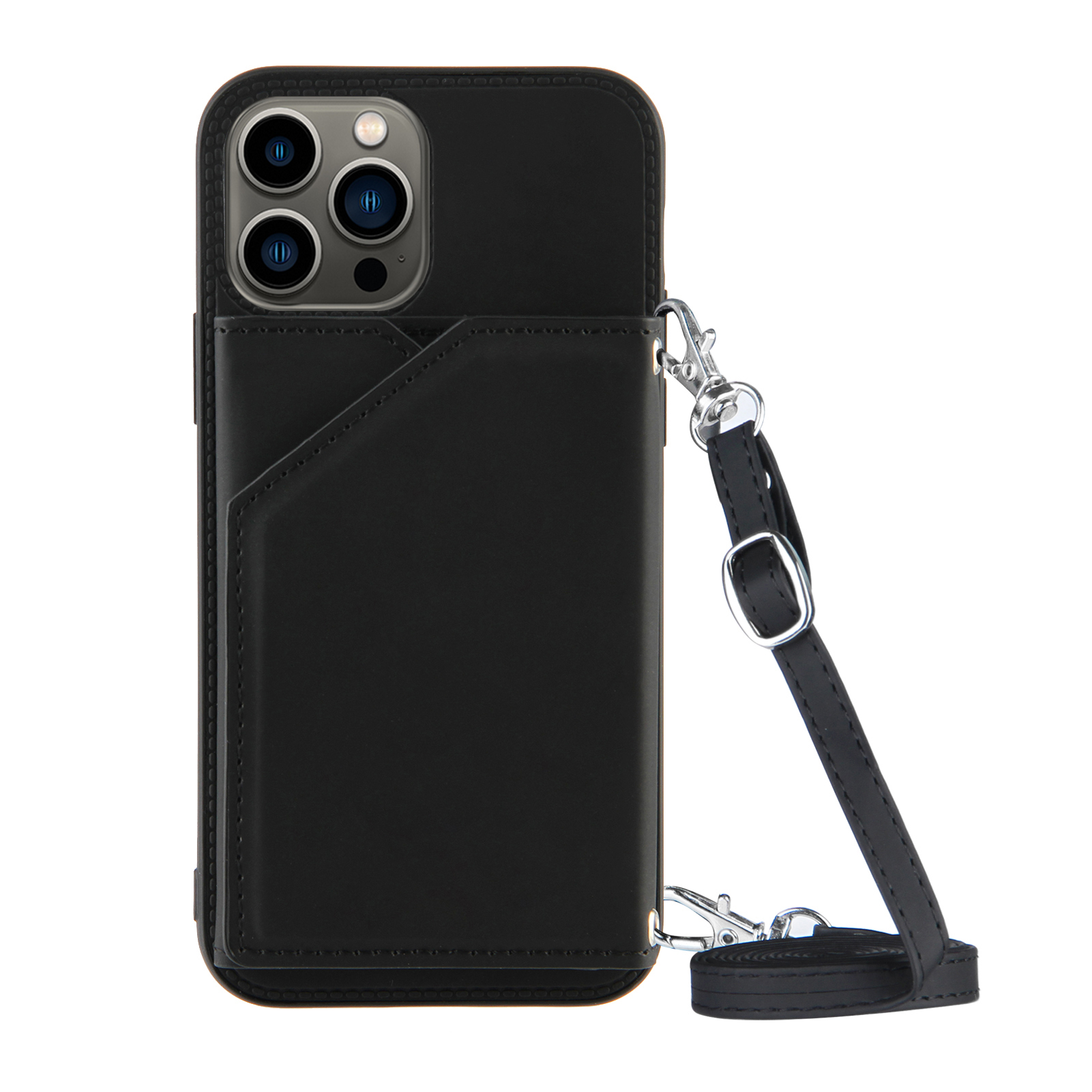

PU Кожаный Покрытый Кожаный Натяжение Tpu Tpe Phone Case Держатель Карты Kickstend Design Design Cover с Плечевым Ремнем Для Iphone 13 Pro Max 6,7 Дюйма - Черный, iPhone 13 Pro Max