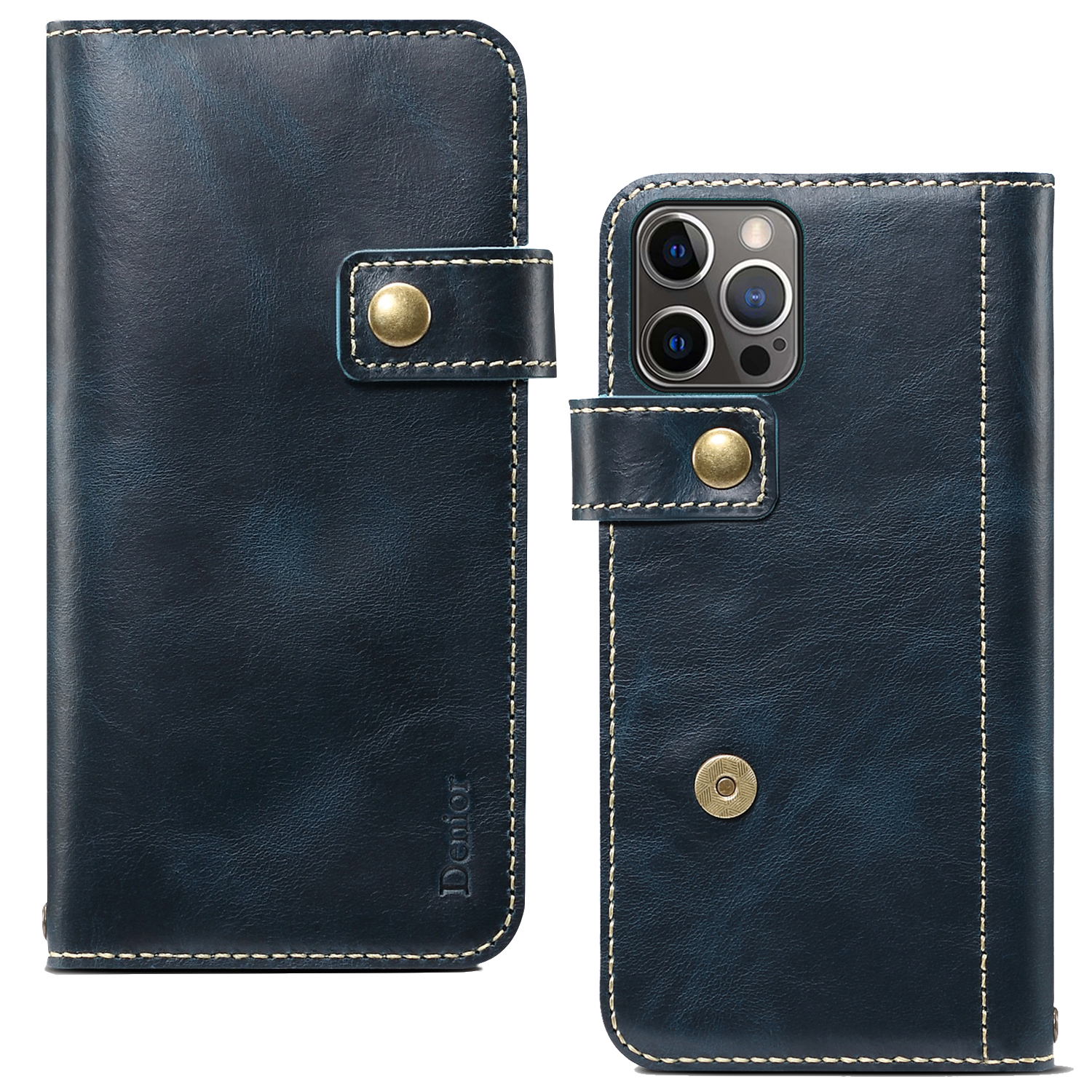 

DENIOR Cowhide Leather Stand Wallet Protective Phone Cover Case with Magnetic Clasp Closure for iPhone 13 Pro Max 6.7 inch - Blue, iPhone 13 Pro Max