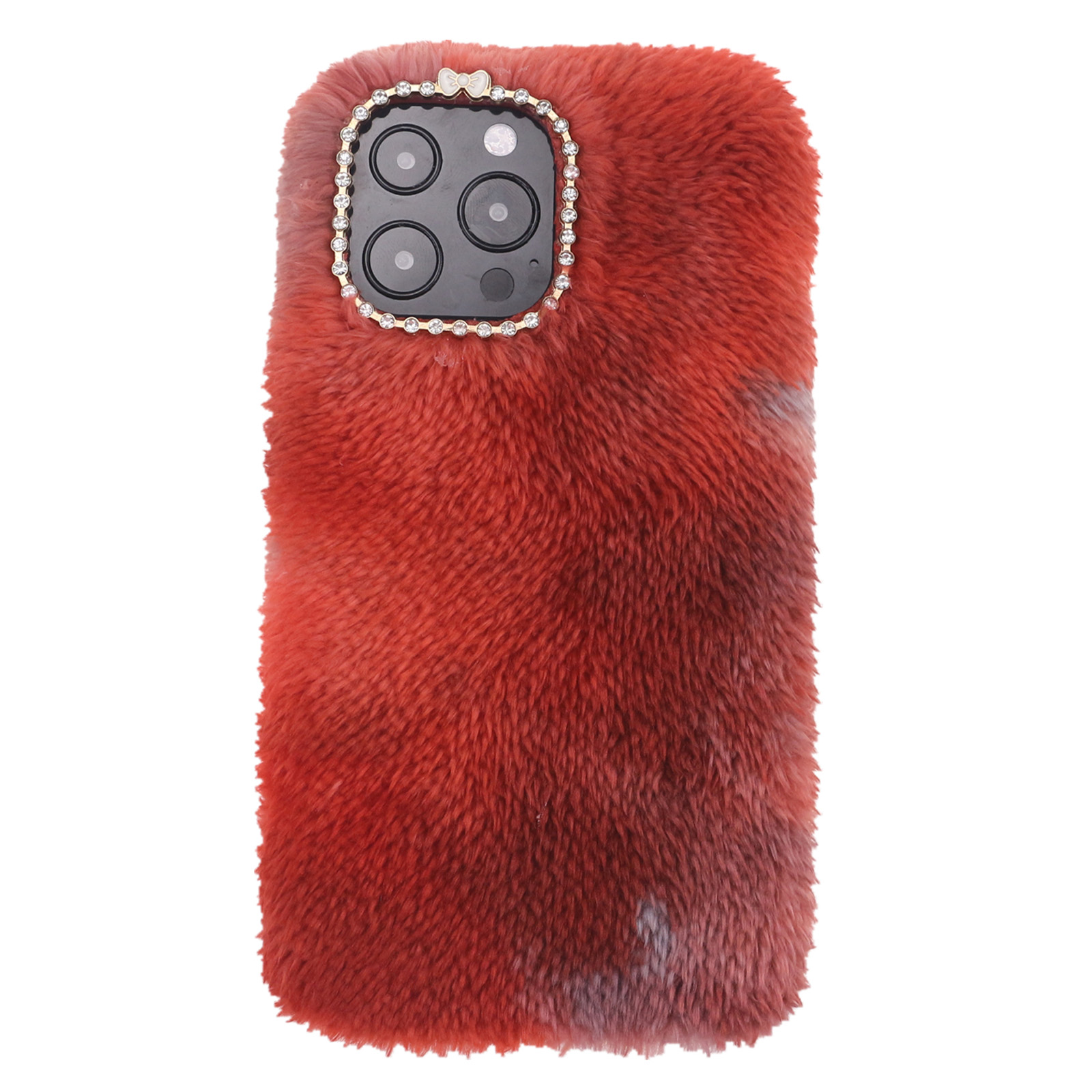 

Gradient Mirage Bling Rhinestone Soft Fluffy Fur Case Warm Plush TPU Winter Protective Cover for iPhone 13 Pro - Red