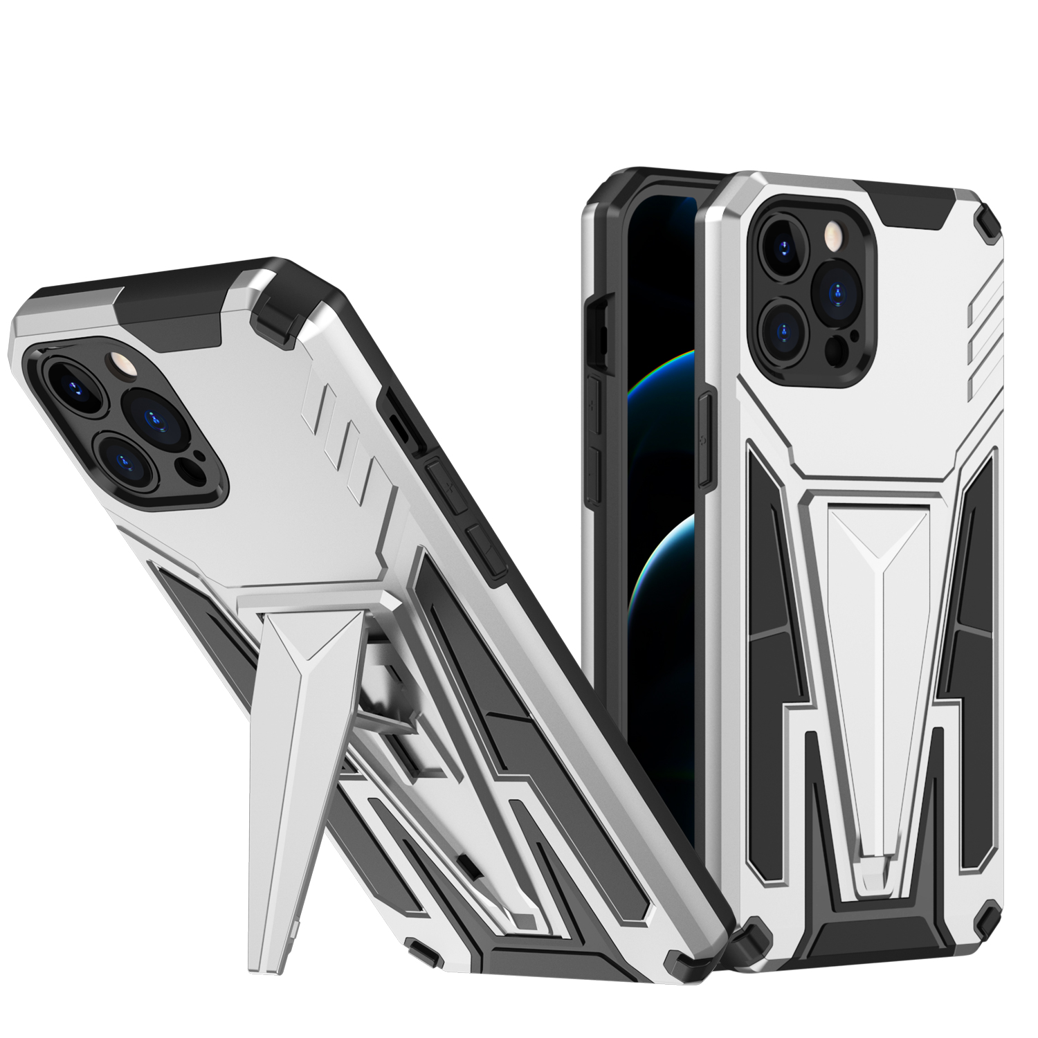 

Anti-fall PC + TPU Hybrid Phone Case Shell with V-shape Kickstand for iPhone 12 Pro Max 6.7 inch - Silver, iPhone 12 Pro Max