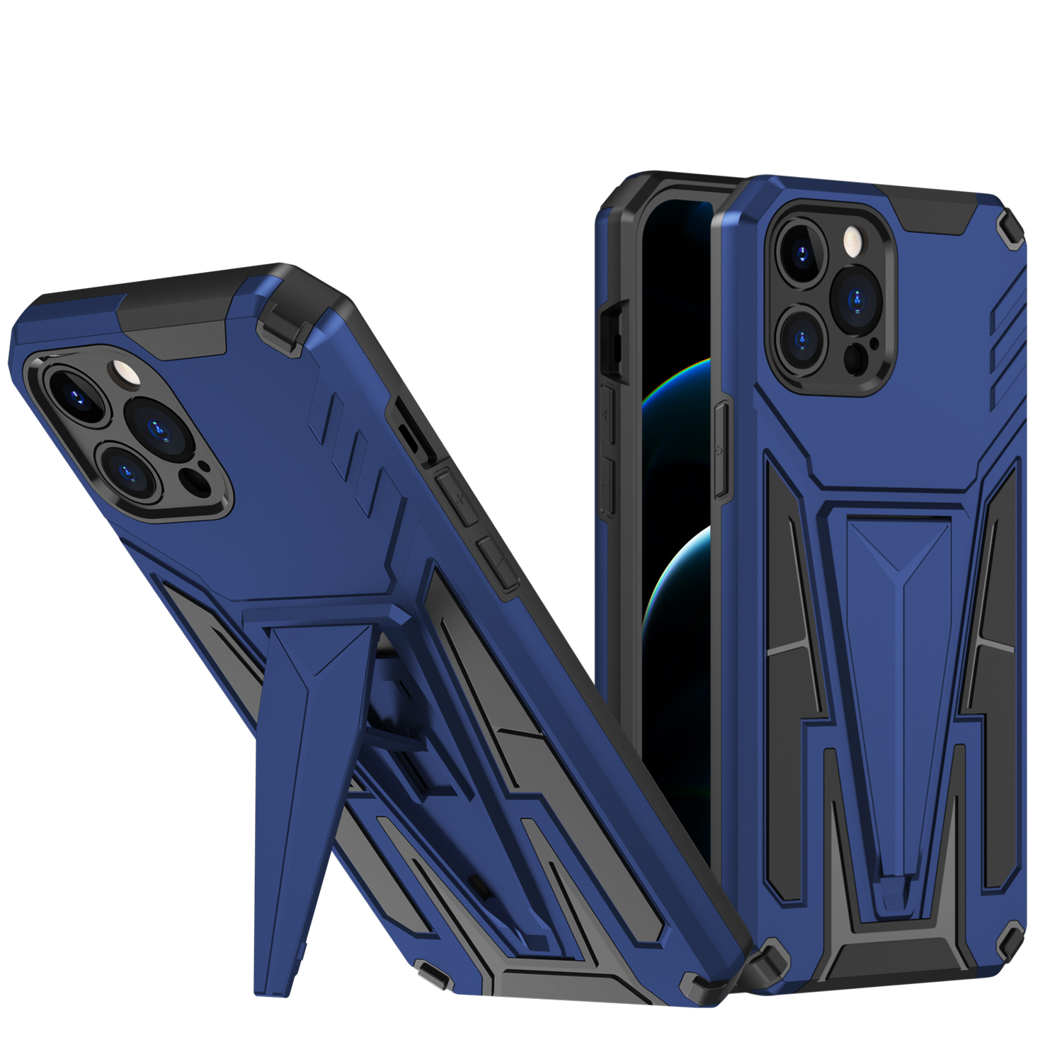

Anti-fall PC + TPU Hybrid Phone Case Shell with V-shape Kickstand for iPhone 12 Pro Max 6.7 inch - Blue, iPhone 12 Pro Max