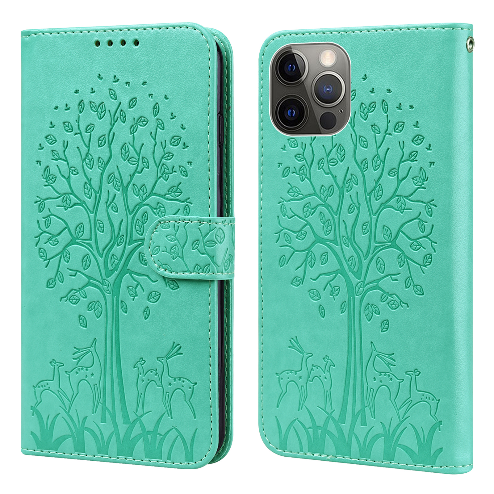 

Imprinted Tree and Deer Leather Wallet Stand Phone Shell Case for iPhone 13 Pro Max 6.7 inch - Green, iPhone 13 Pro Max