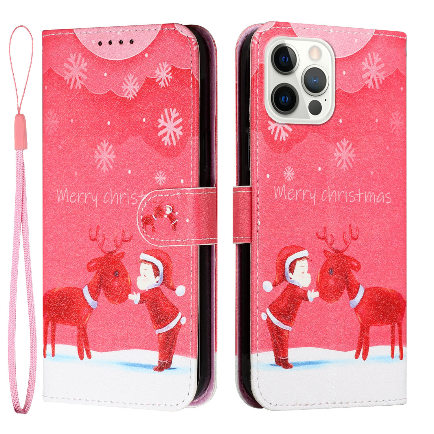 

Pattern Printing Christmas Santa Leather Case Wallet Stand Phone Shell for iPhone 12 Pro Max 6.7 inch - Kid and Deer, iPhone 12 Pro Max