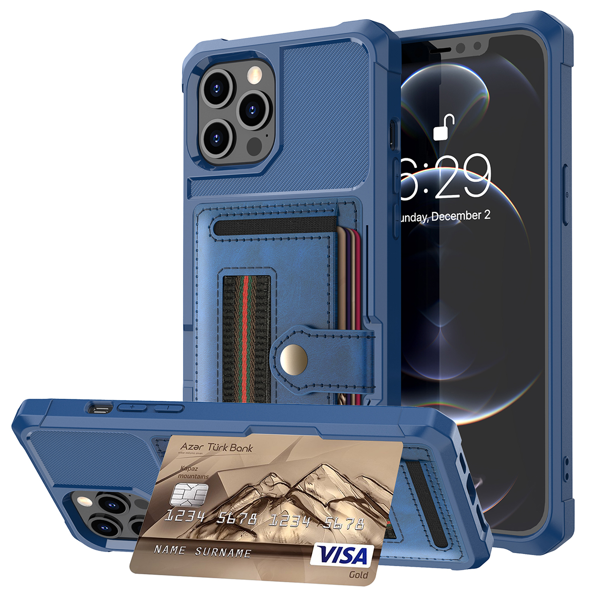 

ZM06 Nylon Series Card Slot Design PU Leather Soft TPU Back Cover with Elastic Finger Loop Strap for iPhone 13 Pro Max 6.7 inch - Blue, iPhone 13 Pro Max