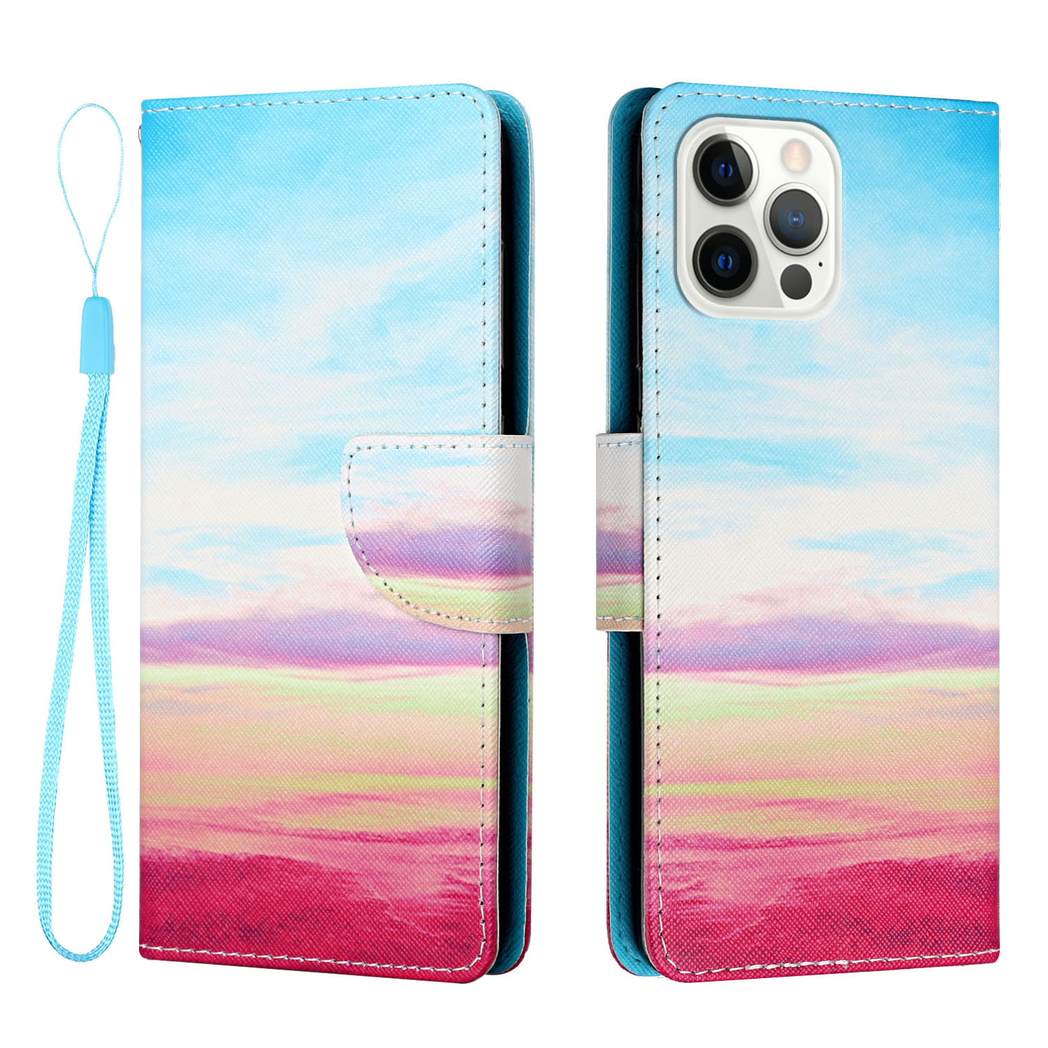 

Cross Texture Pattern Printing Leather Stand Wallet Phone Cover Case with Strap for iPhone 13 Pro 6.1 inch - Rainbow, iPhone 13 Pro
