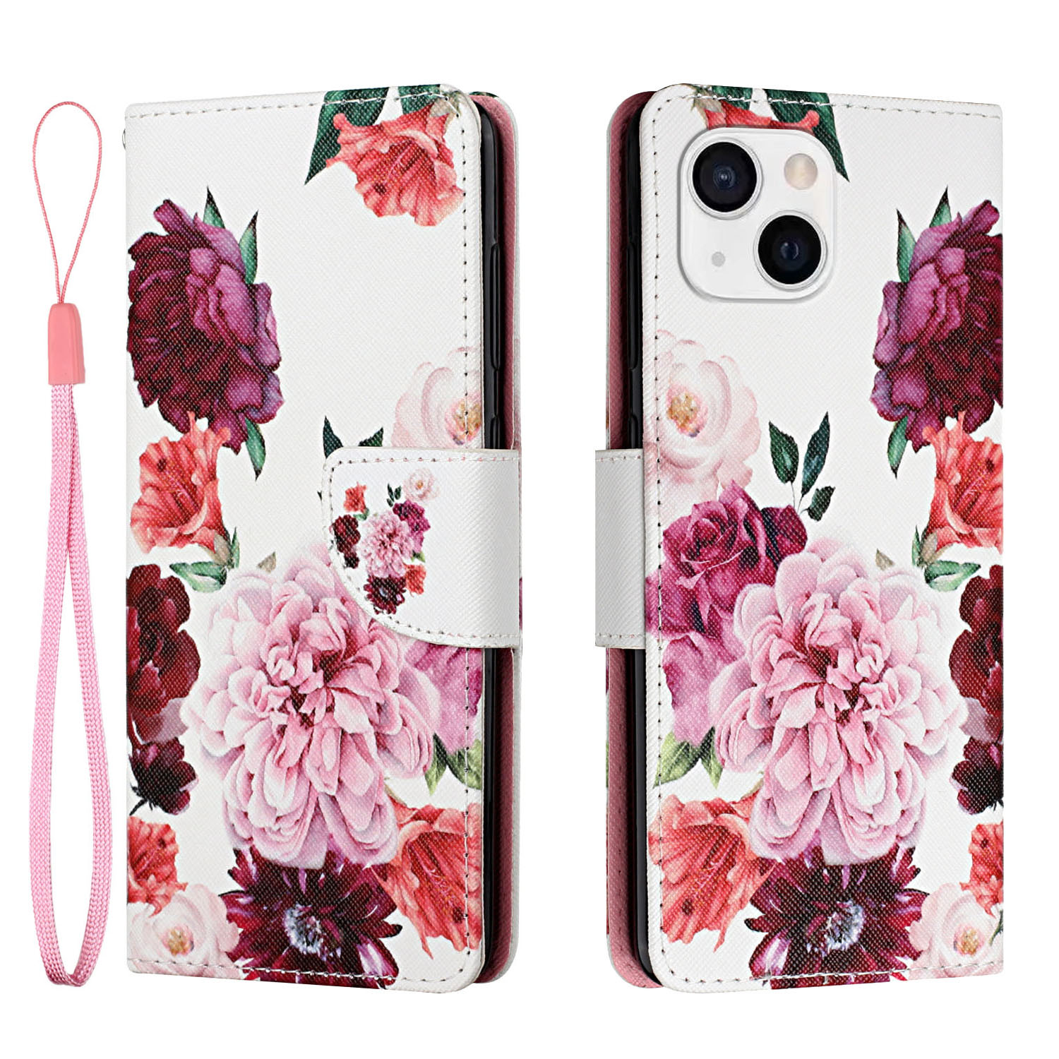 

Pattern Printing Cross Texture Magnetic Clasp Leather Phone Stand Case Wallet Cover for iPhone 13 mini 5.4 inch - Peony, iPhone 13 mini