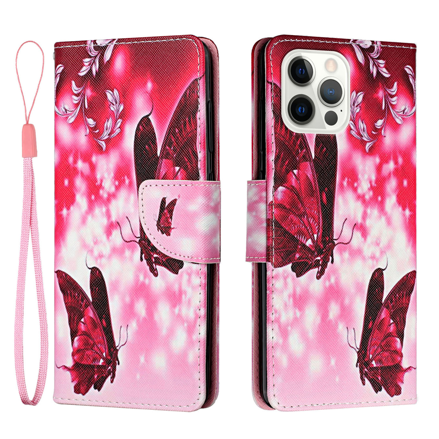 

Pattern Printing Cross Texture Leather Phone Protective Shell Wallet Case for iPhone 13 Pro Max 6.7 inch - Two Butterflies, iPhone 13 Pro Max
