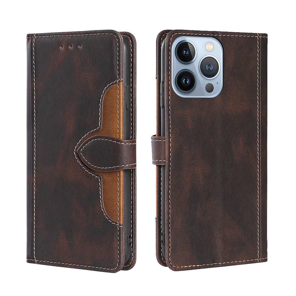 

Skin-Touch Contrast Color Wallet Stand Design Well-Protected Leather Phone Cover Case for iPhone 13 Pro 6.1 inch - Brown, iPhone 13 Pro