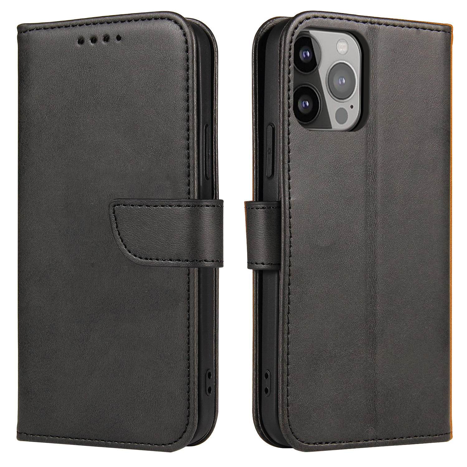 

PU Leather Wallet Stand Phone Case Magnetic Design Phone Cover for iPhone 13 Pro Max 6.7 inch - Black, iPhone 13 Pro Max
