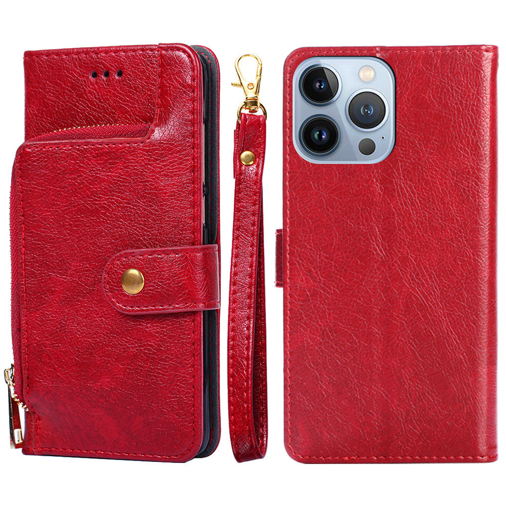 

Wallet Stand Design Leather Case Zipper Pocket Phone Cover Shell with Strap for iPhone 13 Pro Max 6.7 inch - Red, iPhone 13 Pro Max